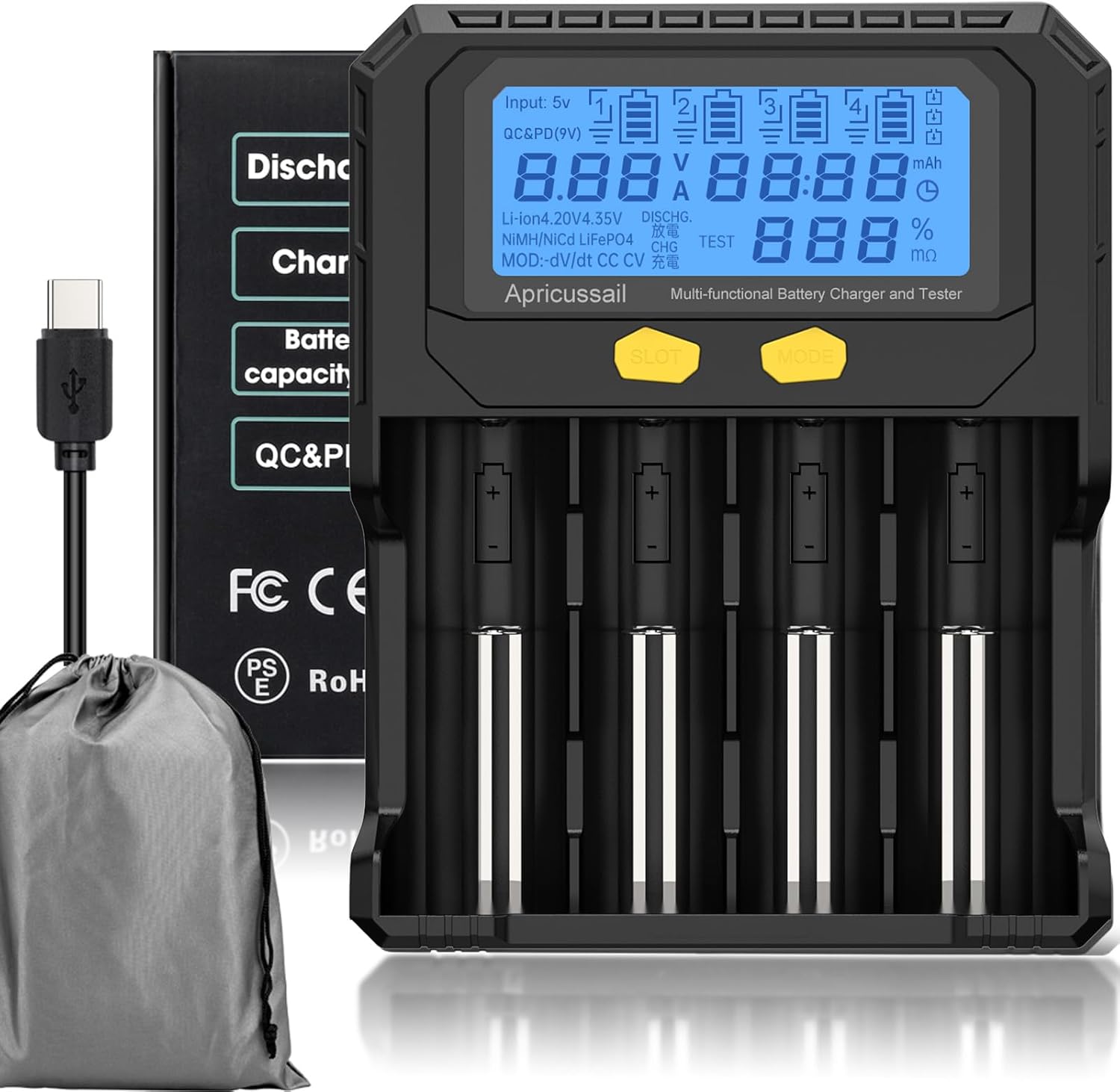 4-Slot Fast Battery Charger &Tester for 3.2V LiFPO4 3.7V Li-ion 1.2V Ni-MH/Ni-CD Batteries,LCD Displayer,Intelligent Identification,Safe Protection,Compatible with 18650 21700 AA AAA Batteries
