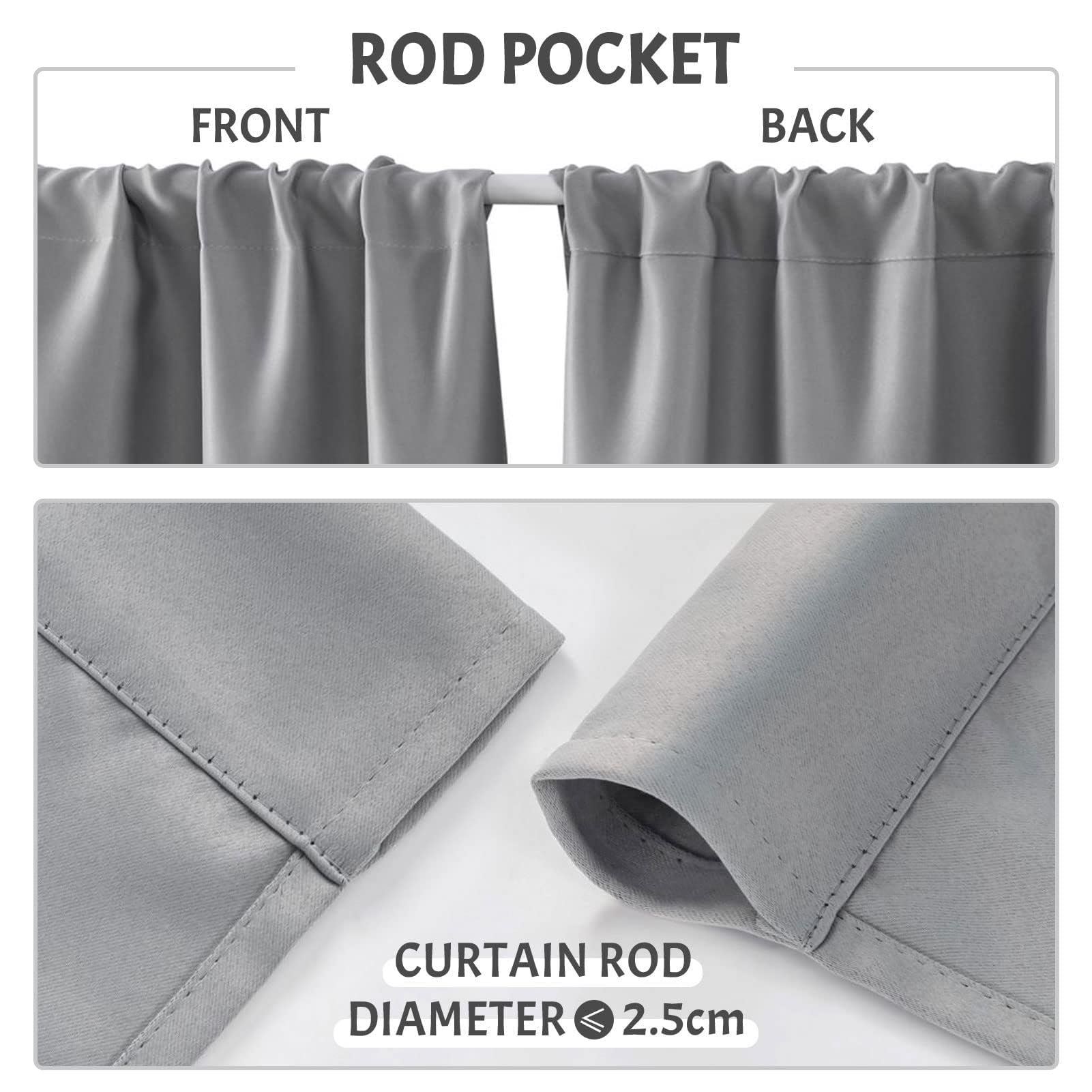 MRTREES Grey Rod Pocket Blackout Curtains for Campervan Kitchen and Bathroom Windows 2 Panels Small Waterproof Curtains 60x60 CM 24x24 Inch Light Grey - Image 2