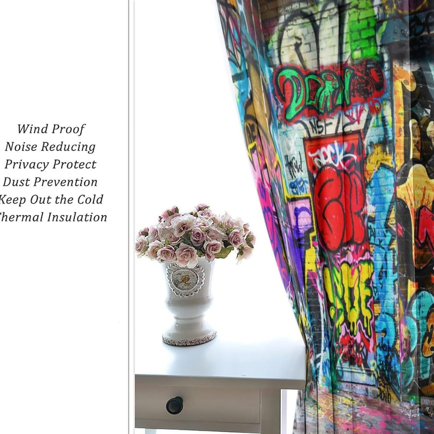 Abstract Modern Art Graffiti Curtains for Bedroom Colorful Hip Hop City Street Wall Graffiti Blackout Curtains Thermal Insulated Room Darkening Grommet Wondow 2 Panels 63" L x 21" W