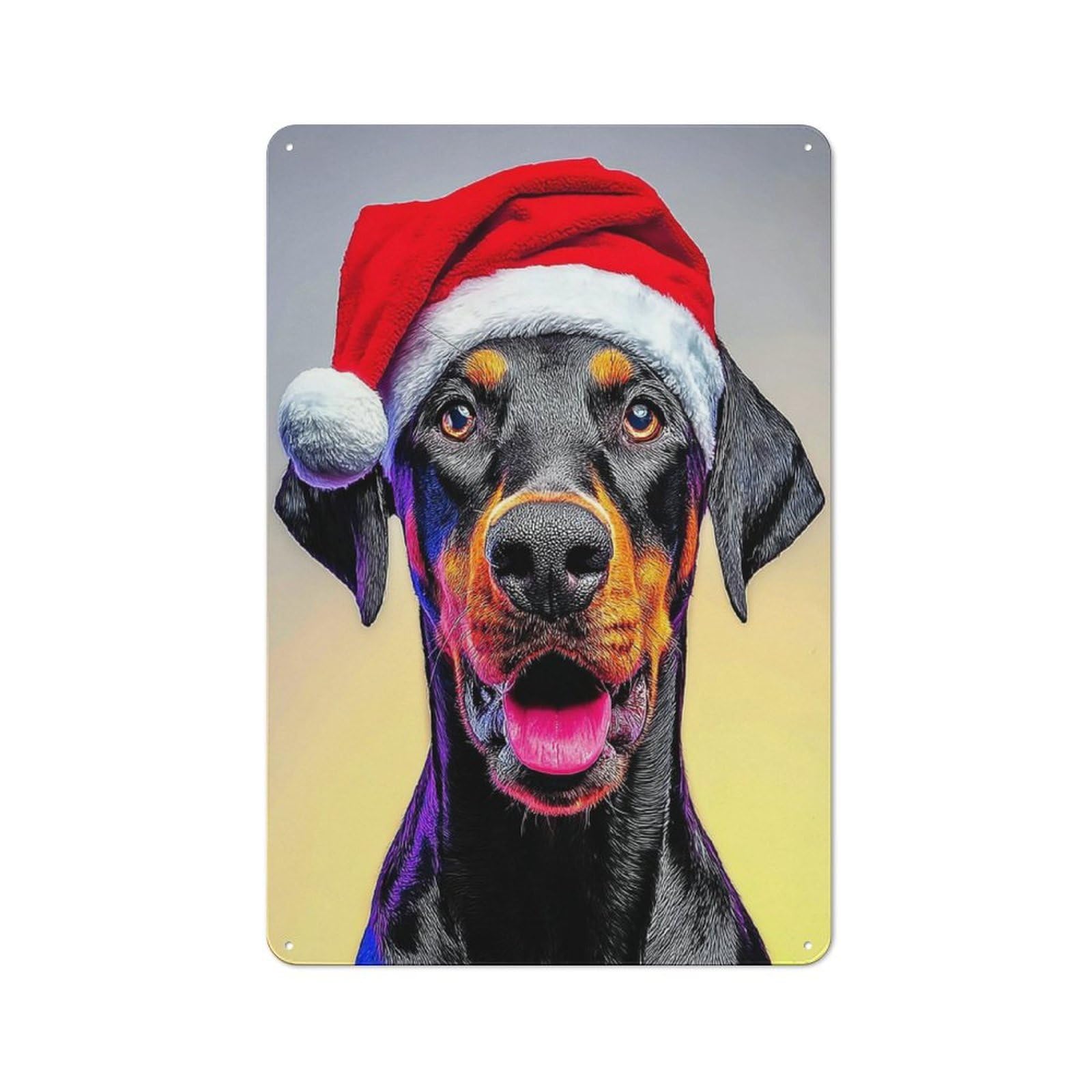 Junmoney Christmas Doberman With Santa Hat -2 Classic Tin Wall Sign 30X20cm, Diner Style Decor For Coffee Bar, Kitchen, Bistro Or Tea Corner