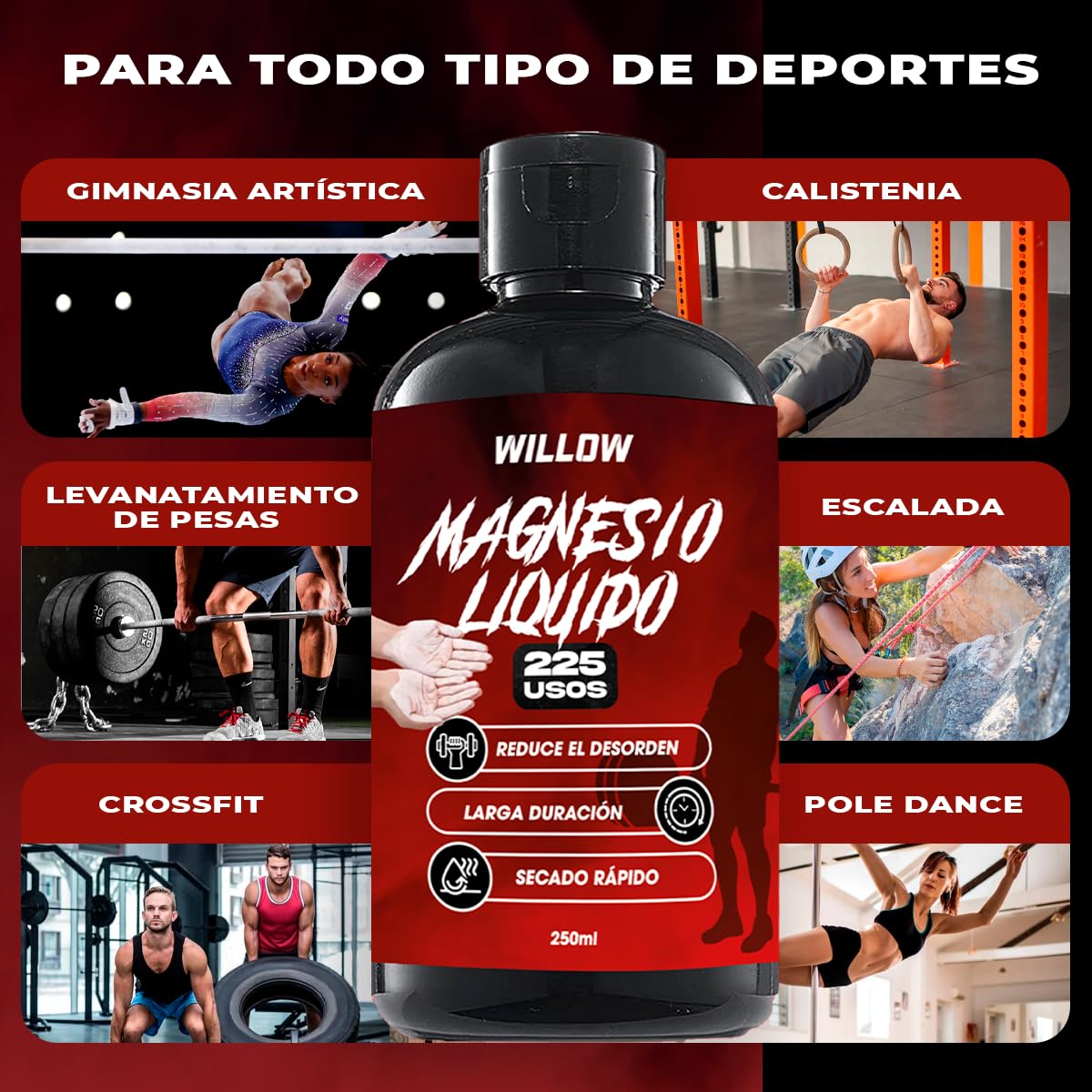 Willow ® Magnesio Líquido 250ML + 50ML | Magnesio Escalada | Tiza Líquida | Agarre Crossfit | Liquid Chalk | Calistenia Gym Halterofilia Padel Manos