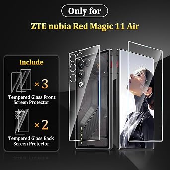 for ZTE nubia Red Magic 11 Air Front & Back Screen Protector [3+2 pack] 9H Hardness HD Tempered Glass, Bubble-Free, Anti-Scratch, Full Protector