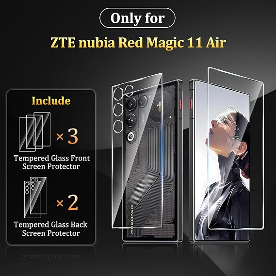 for ZTE nubia Red Magic 11 Air Front & Back Screen Protector [3+2 pack] 9H Hardness HD Tempered Glass, Bubble-Free, Anti-Scratch, Full Protector
