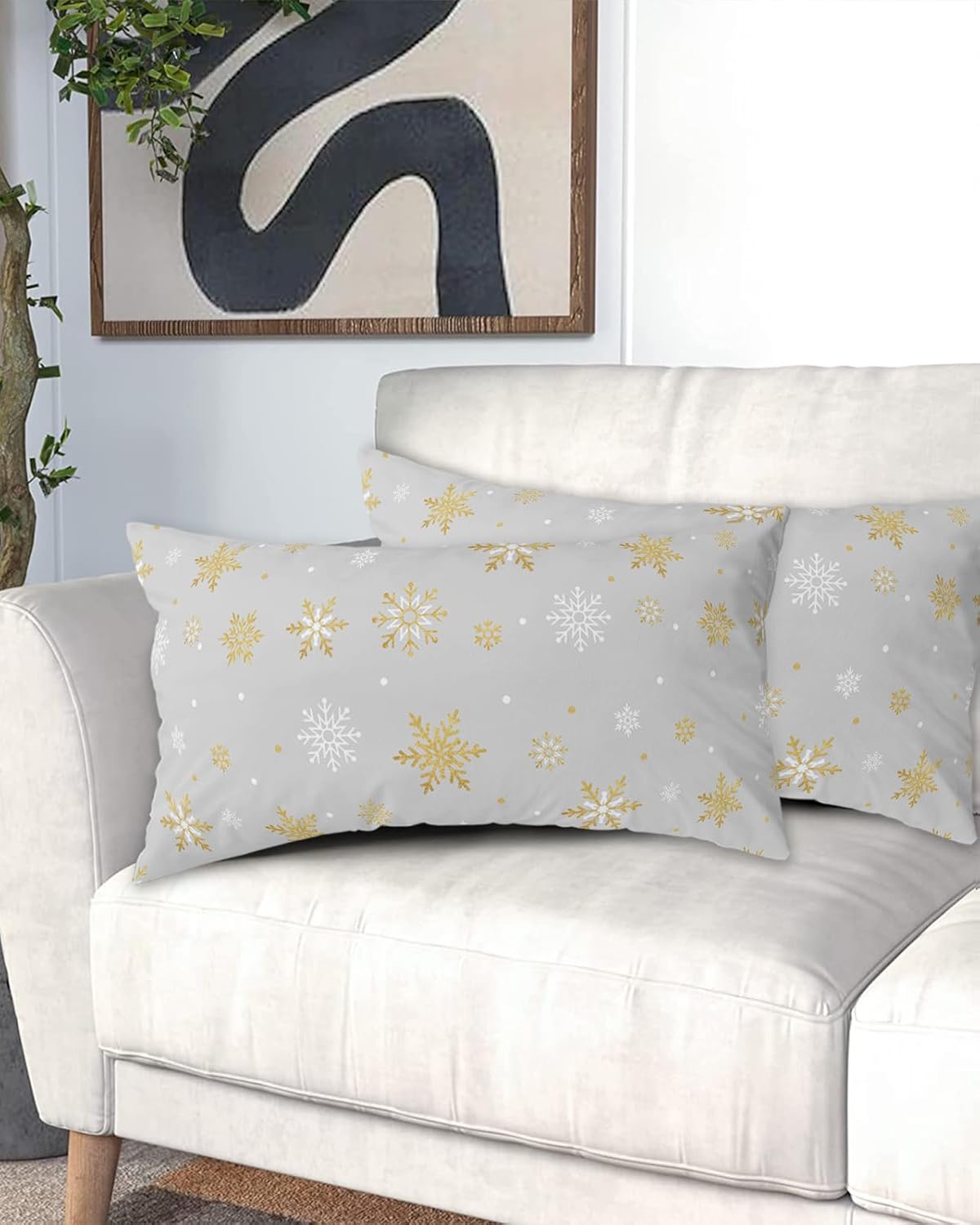 Winter Snowflake King Size Pillowcases,Soft Bed Throw Pillow Covers Sham Decorative Sofa Couch Long Body Lumbar Bolster Cushion Case with Envelope Closure,Merry Christmas Gold Grey White 20"x40"
