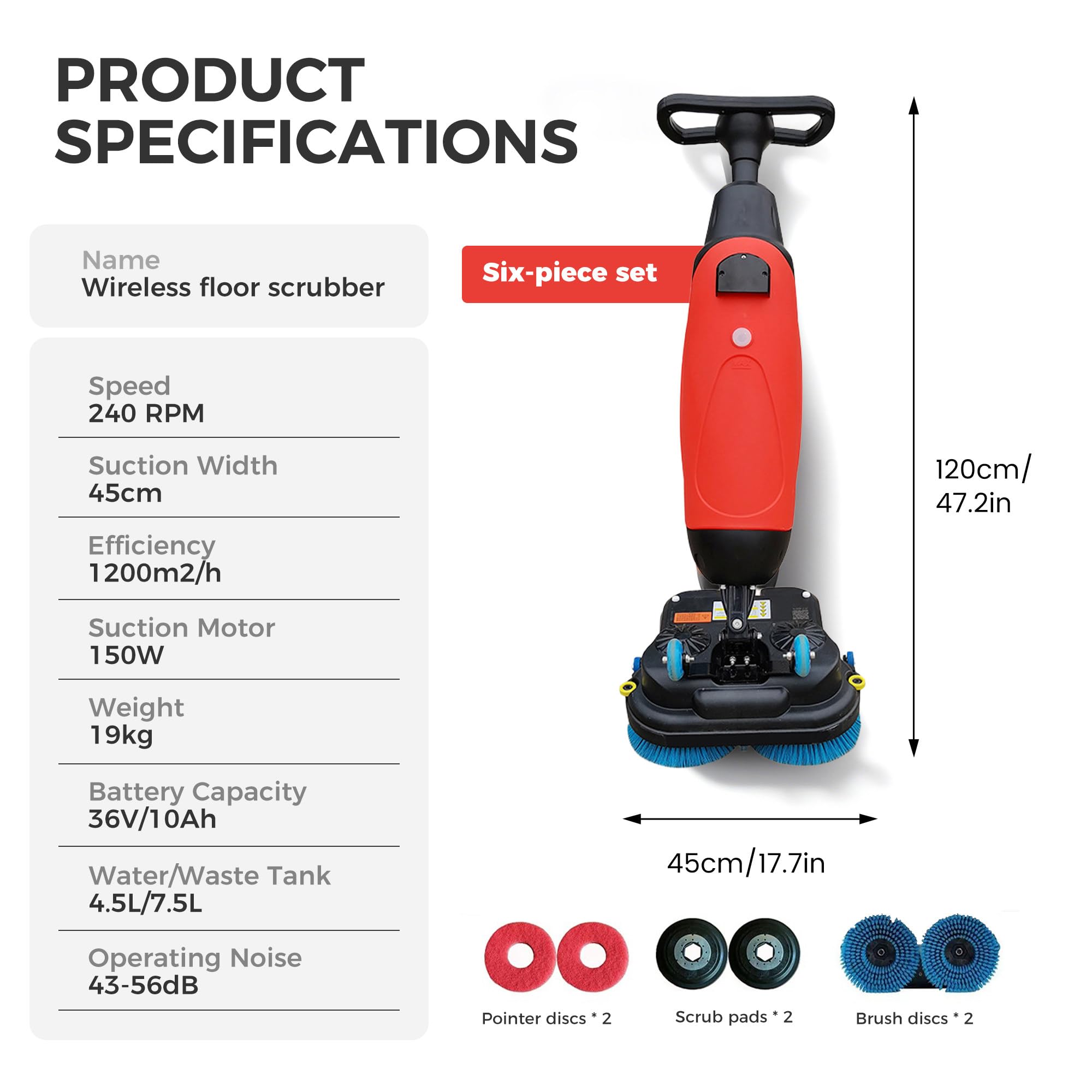 fregadora de Suelos, fregadora compacta, Ancho de Limpieza 17", cepillos Dobles, Cabezal Giratorio 360°, fregadora y abrillantadora, para Uso doméstico, Oficina, hotelero Red-6PieceSet