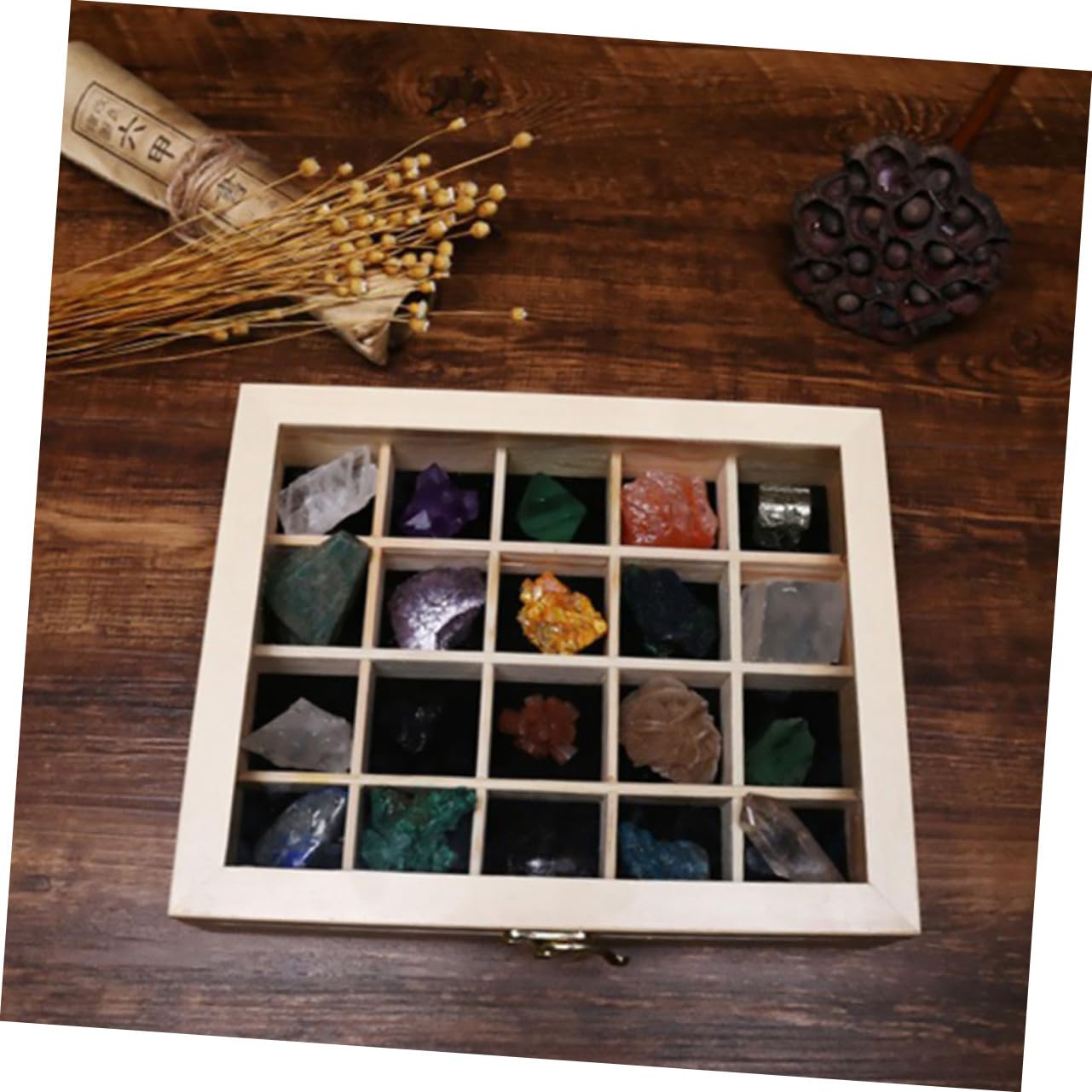 COLLBATH 20 Stück Natursteine Mineralien Kristalle Erzsteine Steinproben Naturerze in Holzbox
