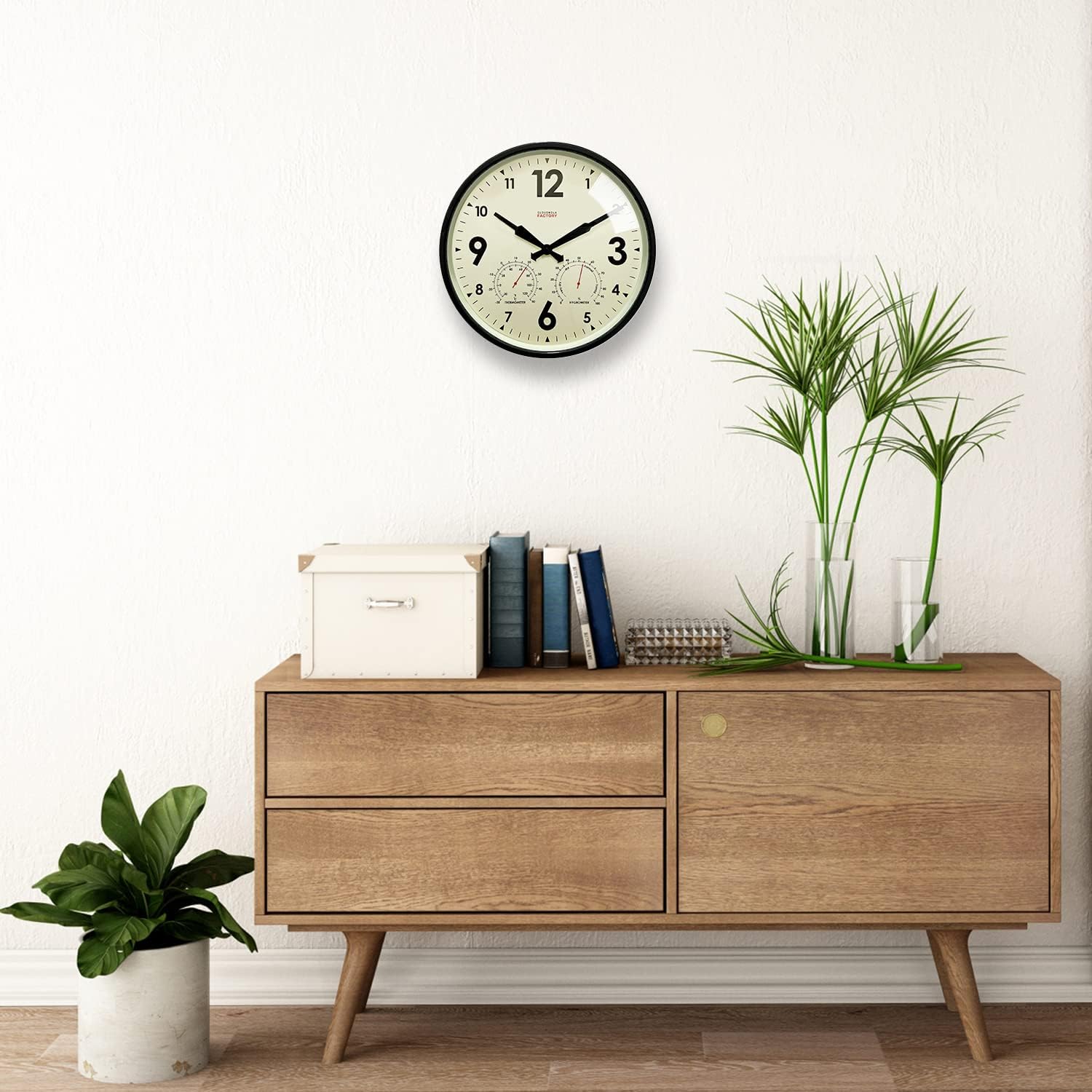 Cloudnola Indoor Outdoor Waterproof Metal Wall Clock with Thermometer and Hygrometer, Black, 12 inch Silent Non-Ticking Battery Operated Quality Quartz Round Clock for Patio and Home Decor