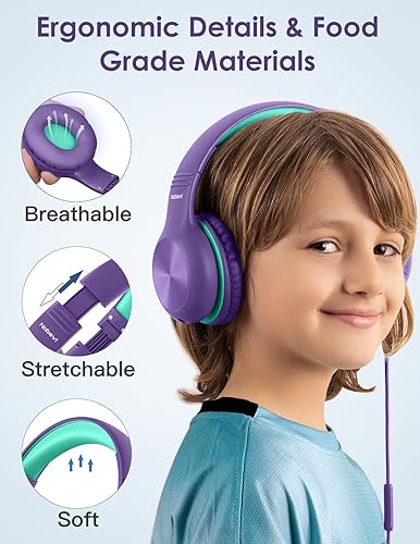 Miniatura 43 de Auriculares para niños con cable, auriculares sobre la oreja para niños con micrófono, límite de volumen de 85/94 dB, auriculares para niños y niñas