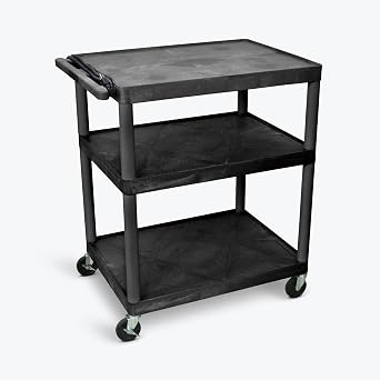 Classroom Basics LP40E-B Electric AV Cart, 3 Shelf Rolling Media Cart with Power Strip, 40" H Mobile Presentation Stand, 400 lb Capacity, 32" W x 24" D Shelves, 4" Swivel Casters, Black