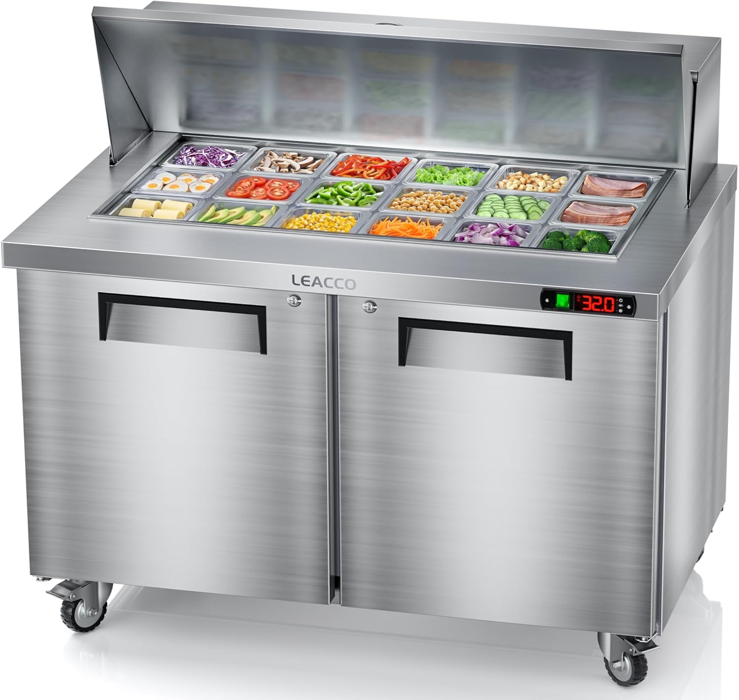 Leacco Refrigerated Sandwich Salad Prep Table, Commercial Workstation Refrigerators with 18 Pans, 48"