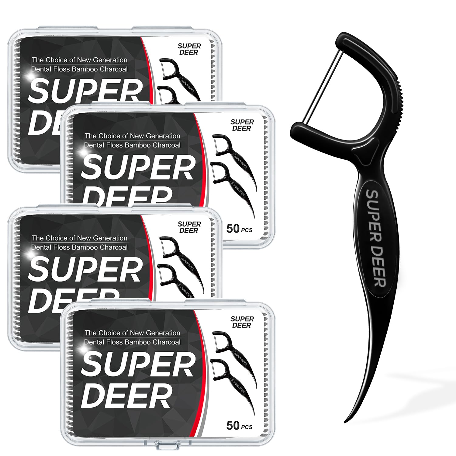 Dental Floss Picks 200Count (4-Pack),Bamboo Charcoal Twin-Line Design,Portable Travel Case,Professional Teeth Cleaning for Adults & Kids - Family, Hotel, Camping Essentials