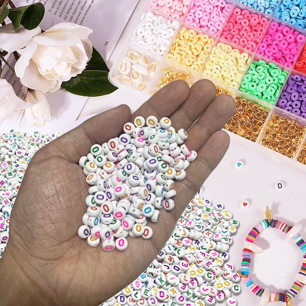 500PCS 4x7mm Acrylic Letter Beads O for Friendship Bracelets Jewelry Making White Flat Round Acrylic with Colourful Alphabet Beads for DIY Crafts Bracelets Necklaces Key Chains Phone Lanyard - Image 3