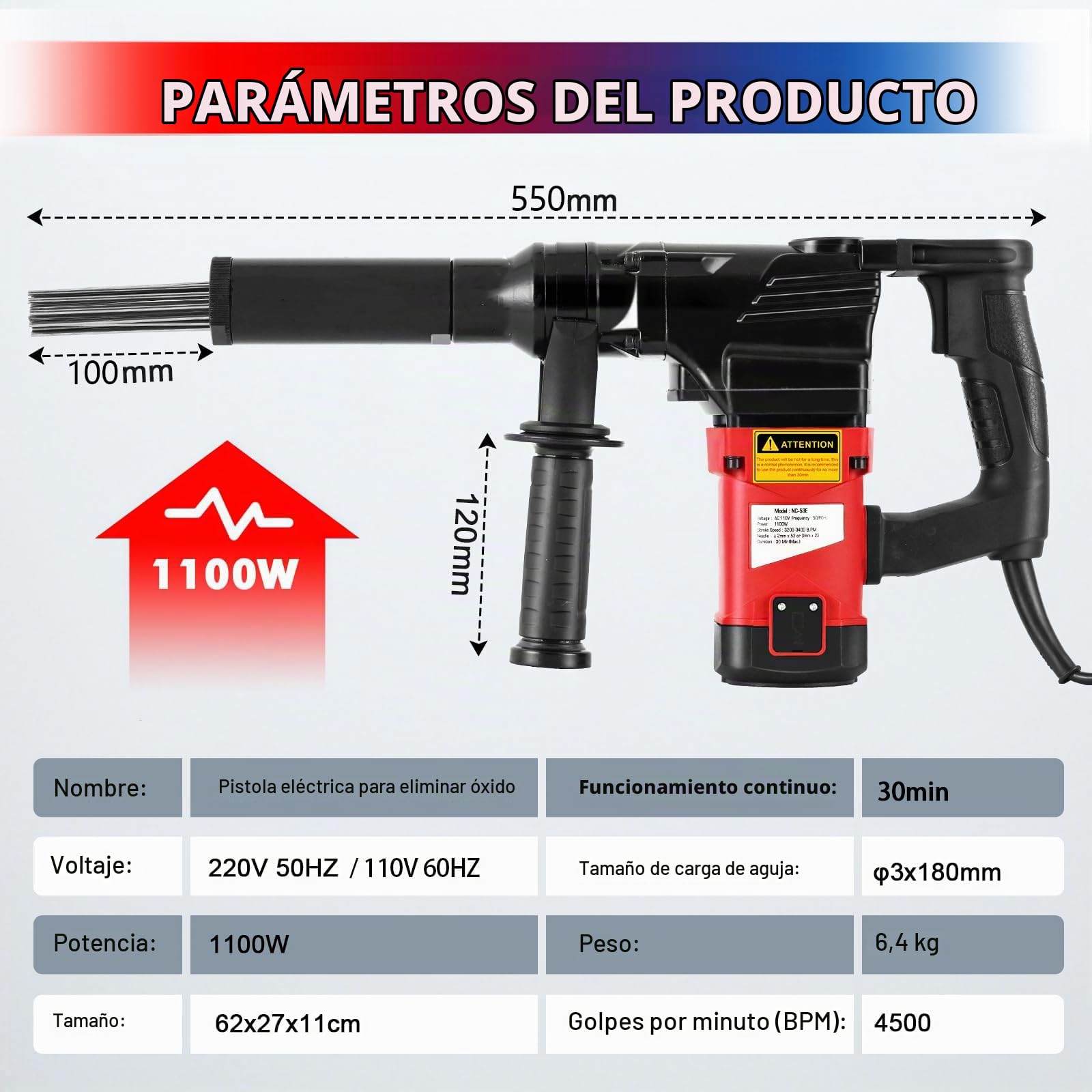 Pistola de Eliminación de Óxido Eléctrica, Limpiador y Removedor de Pintura, Limpiador de Escoria de Soldadura, Adecuado para Metalurgia, Construcción Naval, Cubierta y Otras Industrias 220v
