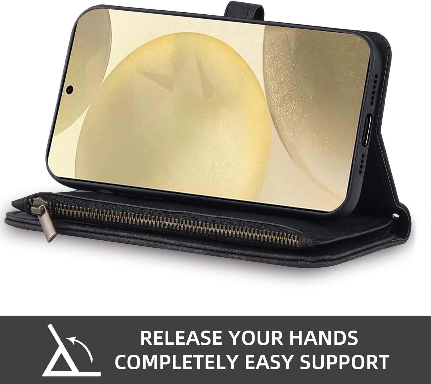 Phone Case for Samsung Galaxy S24 5G Wallet Cover With Tempered Glass Screen Protector Crossbody Wrist Strap Leather Flip Pattern Zipper Credit Card Holder Stand Cell S 24 24S G5 2024, 6.2 inch Black