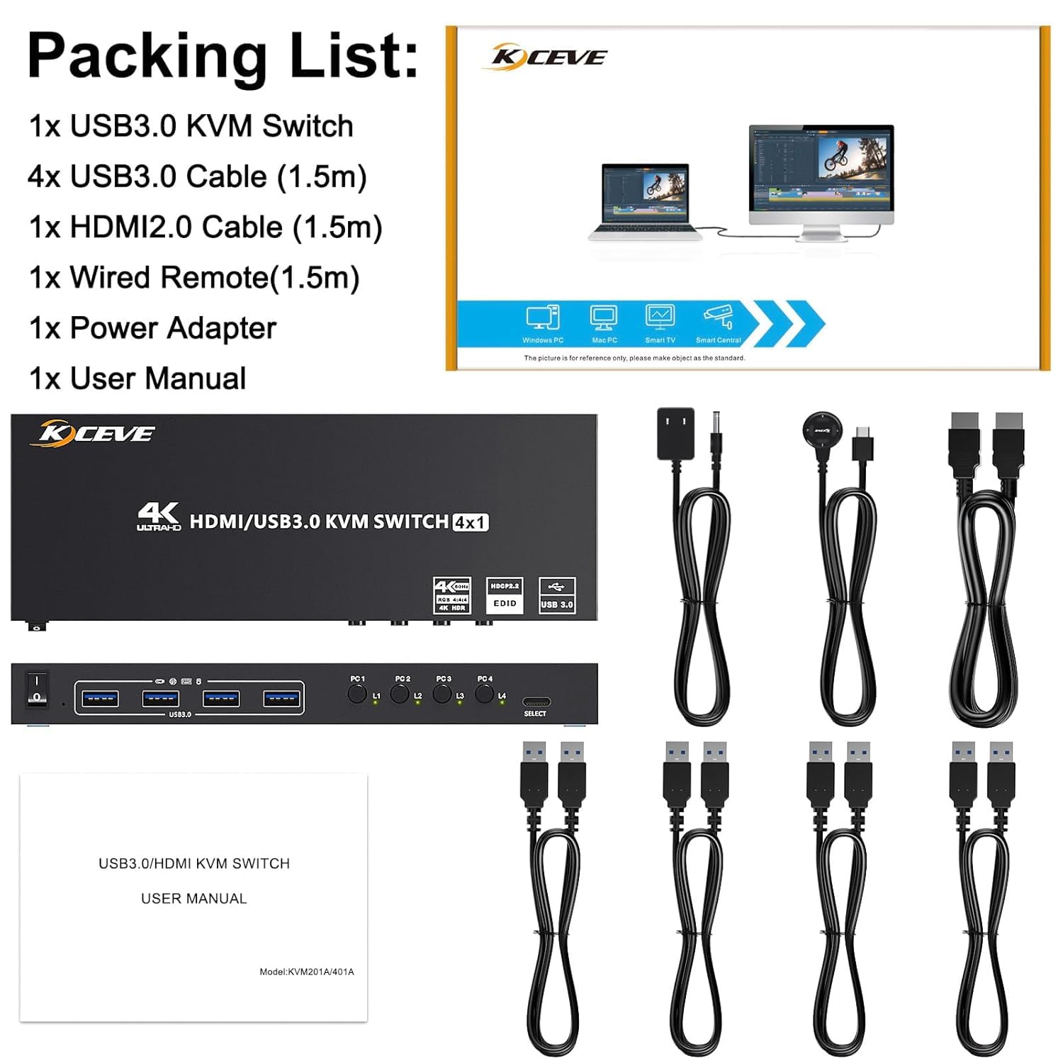 KVM Switch 4 PC 1 Monitor HDMI Simulazione EDID, 4K@60Hz, USB 3.0 KVM Switch HDMI 4 porte per 4 PC condividere 1 monitor e 4 dispositivi USB 3.0, con telecomando cablato, 5 cavi e alimentatore