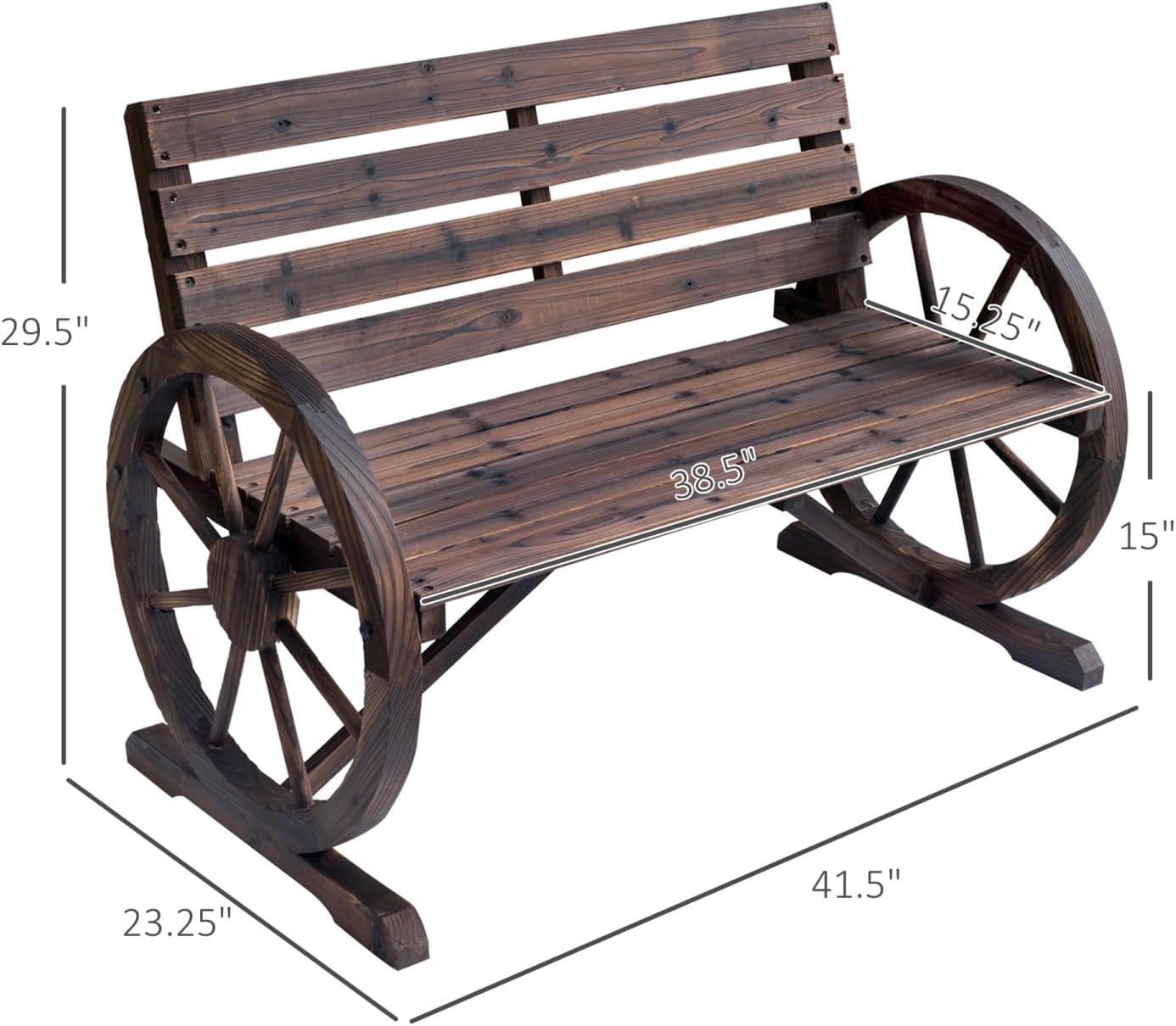 Rustic Wagon Wheel Bench for Outdoor Patio, 2-Person Cedar Wood Slatted Bench with Backrest