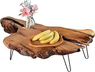 Natural Wood Coffee Table, Natural Wood Edge Contemporary Cocktail Table, Wood Tea Tables for Living Room with Metal Hairpin Legs,Wooden Flower Pot Holder Clear Lacquer Finish