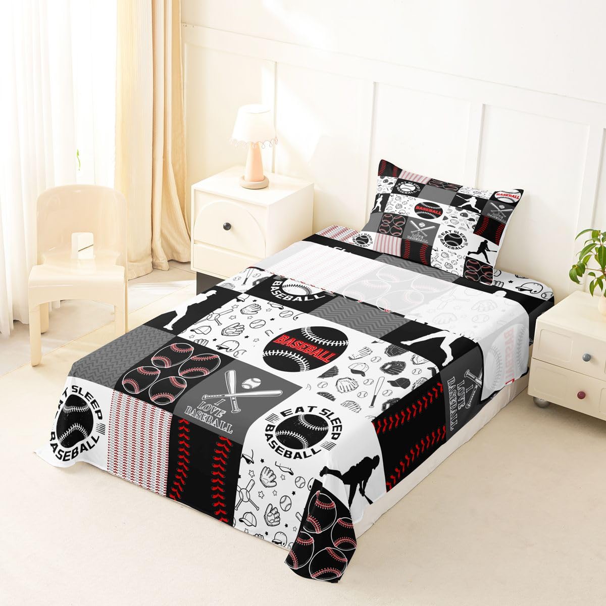 Castle Fairy Baseball Bed Sheet Set for Kids,Sports Geometric Grid Red Grey Sheets Set,Patchwork Baseball Home Decor Sheet Sets with Deep Pocket,Top Flat Sheet,Twin Size
