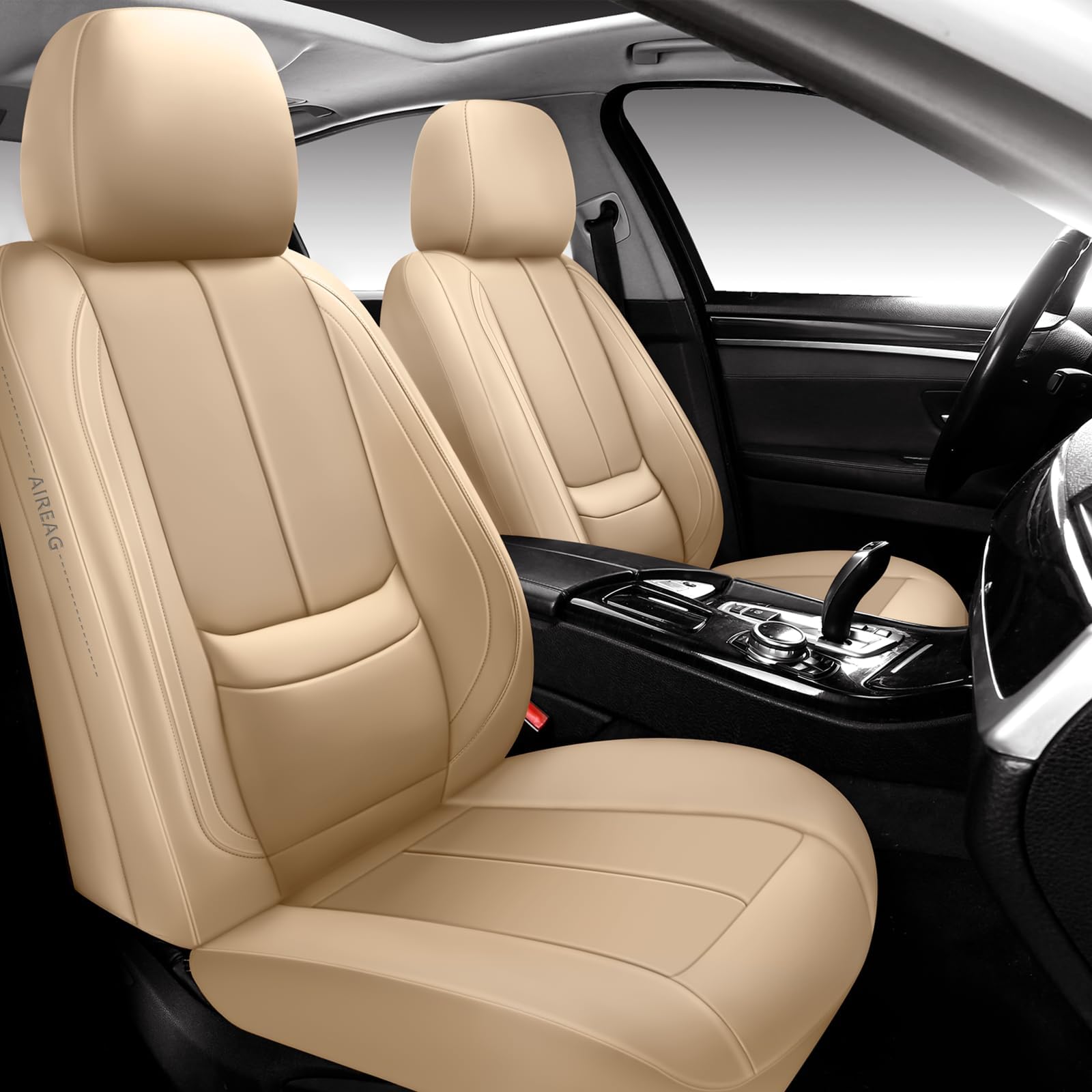 Full Coverage Leather Car Seat Covers Full Set,Waterproof Seat Covers for Cars,SUVs Pick-up Truck, Car Seat Cushion,Car Seat Protector,Beige Seat Cover with 5 Seats