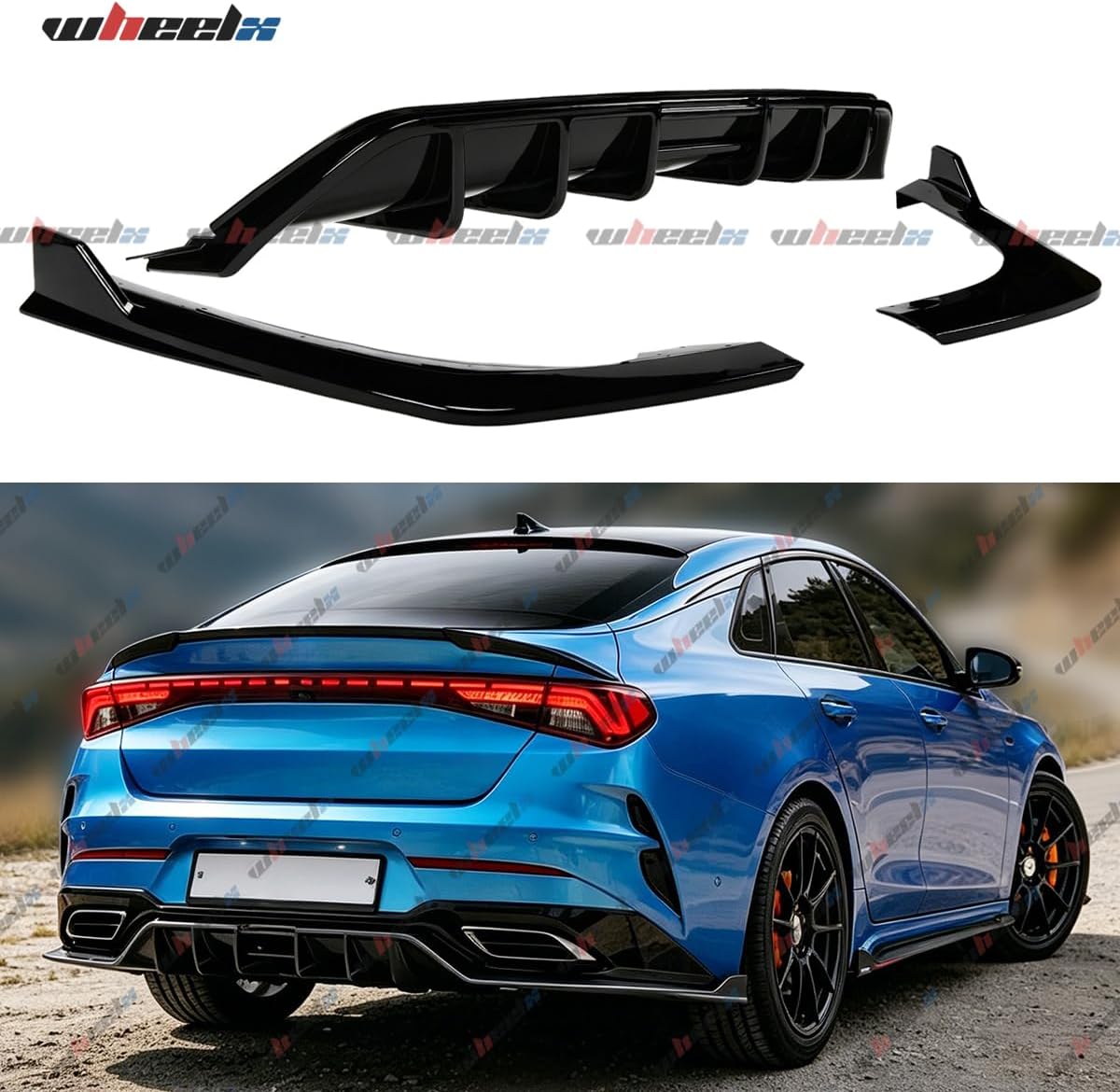 Rear Diffuser Compatible with 2021-2024 Kia K5 GT-Line, Gloss Black Rear Bumper Lip Splitter with Exhaust Fin Style, Sport Performance ABS Rear Valance Body Kit Accessories - WheelX