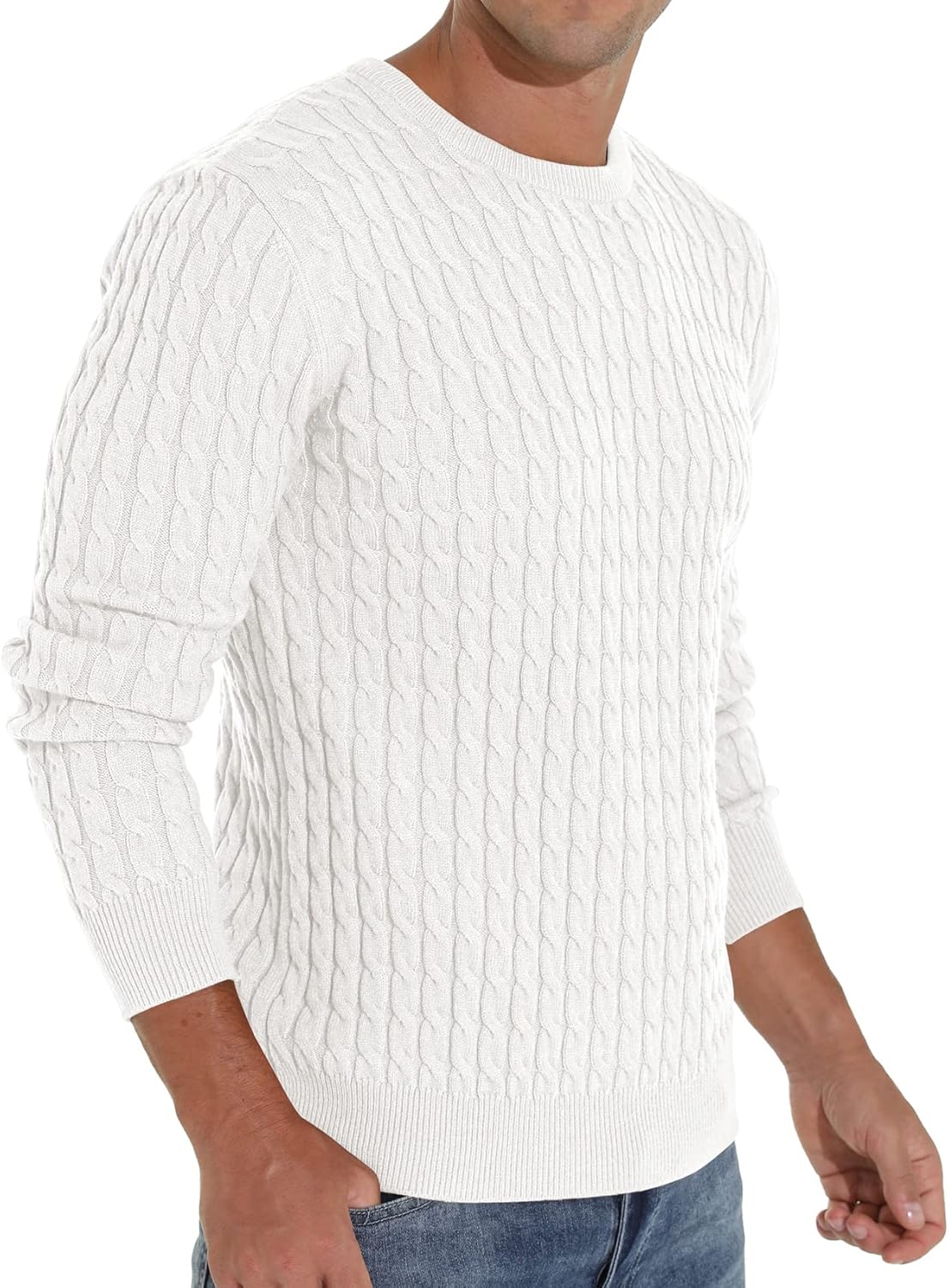 Askdeer Men's Pullover Sweater Crewneck Cable Knit Long Sleeve Sweater Classic Soft Knitted Sweaters with Ribbing Edge White - Image 4