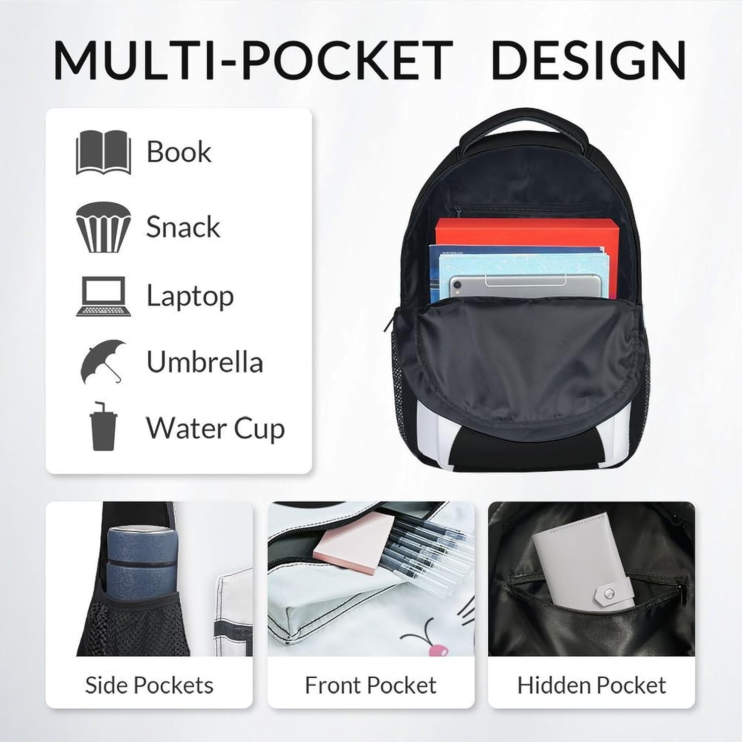 UNIKITTY Kids Backpack for Girls Boys, Cat Backpack for Cat Lovers, 17 Inch School Backpack for Kids, Black Cute Kids Bookbag with Adjustable Straps