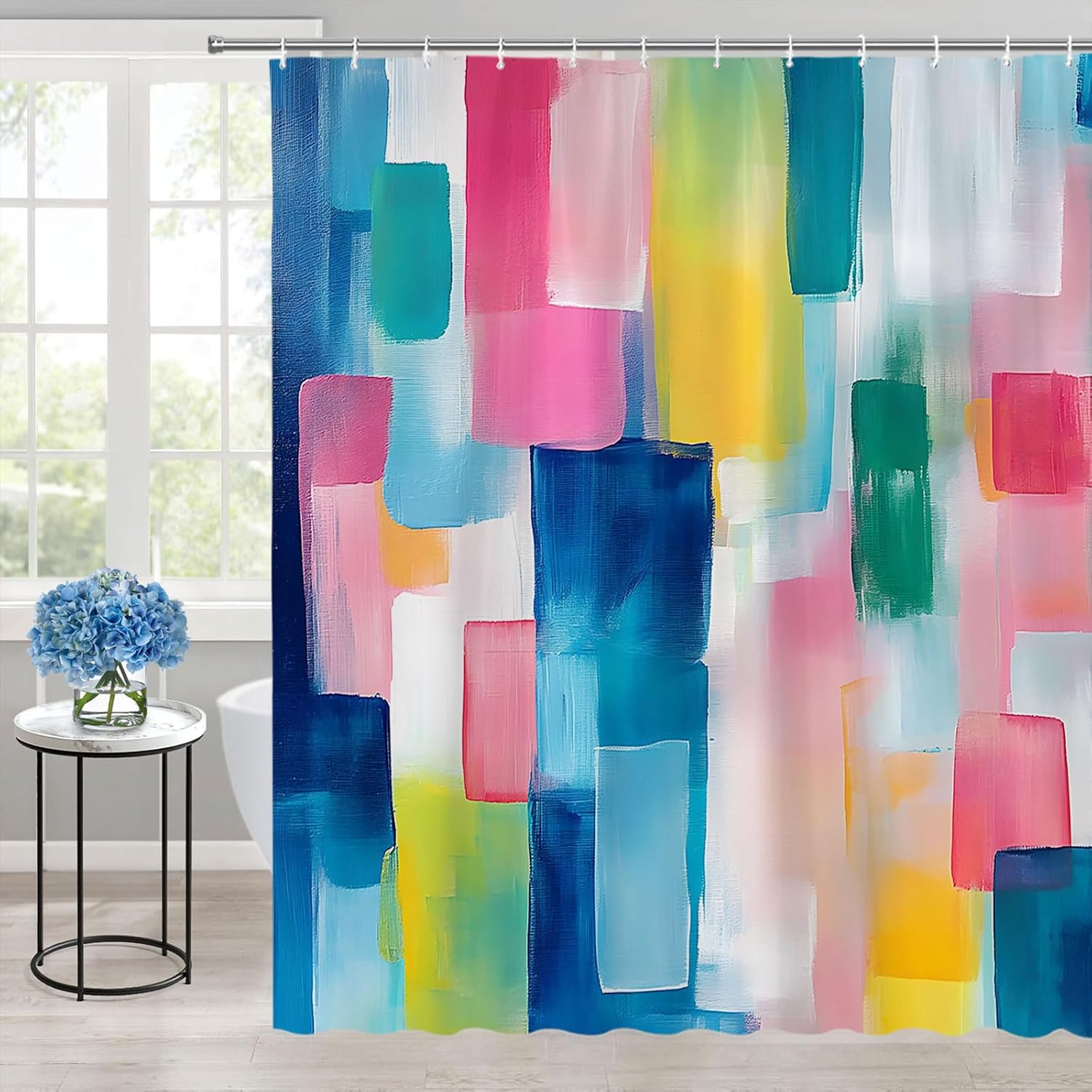 Abstract Watercolor Shower Curtain Blue and Pink Teal Blocks Geometric Modern Contemporary Colorful Aesthetic Minimalist Bathroom Polyester Curtains Set with Hooks 70x84 Inch