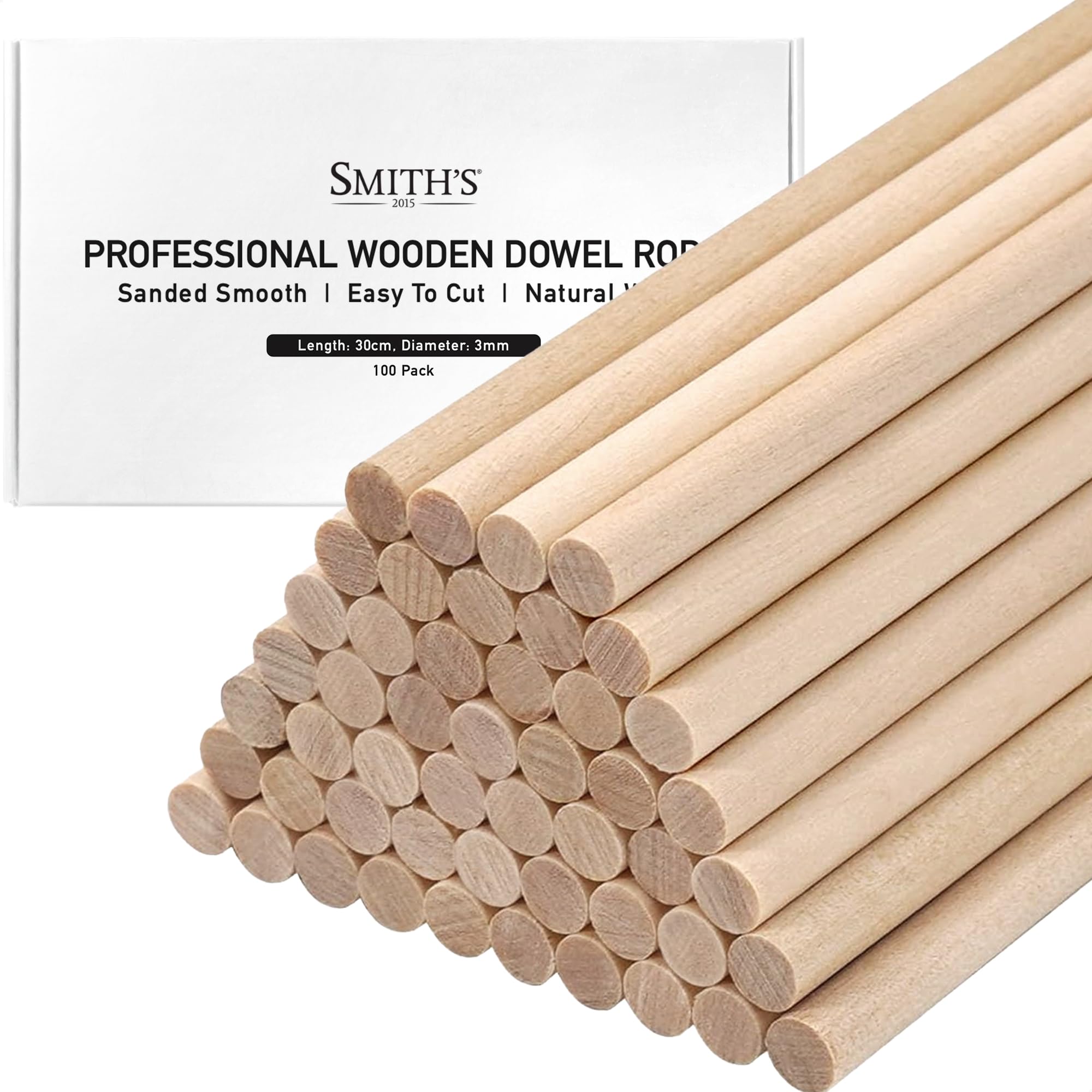 Wooden Dowel Rods by Smith’s® (100 Pack / 30cm x 3mm) | Unfinished, Natural, Organic Wood Sticks | FSC Approved | Perfect for Craft Projects, DIY, Art Works, Woodcraft, & More!