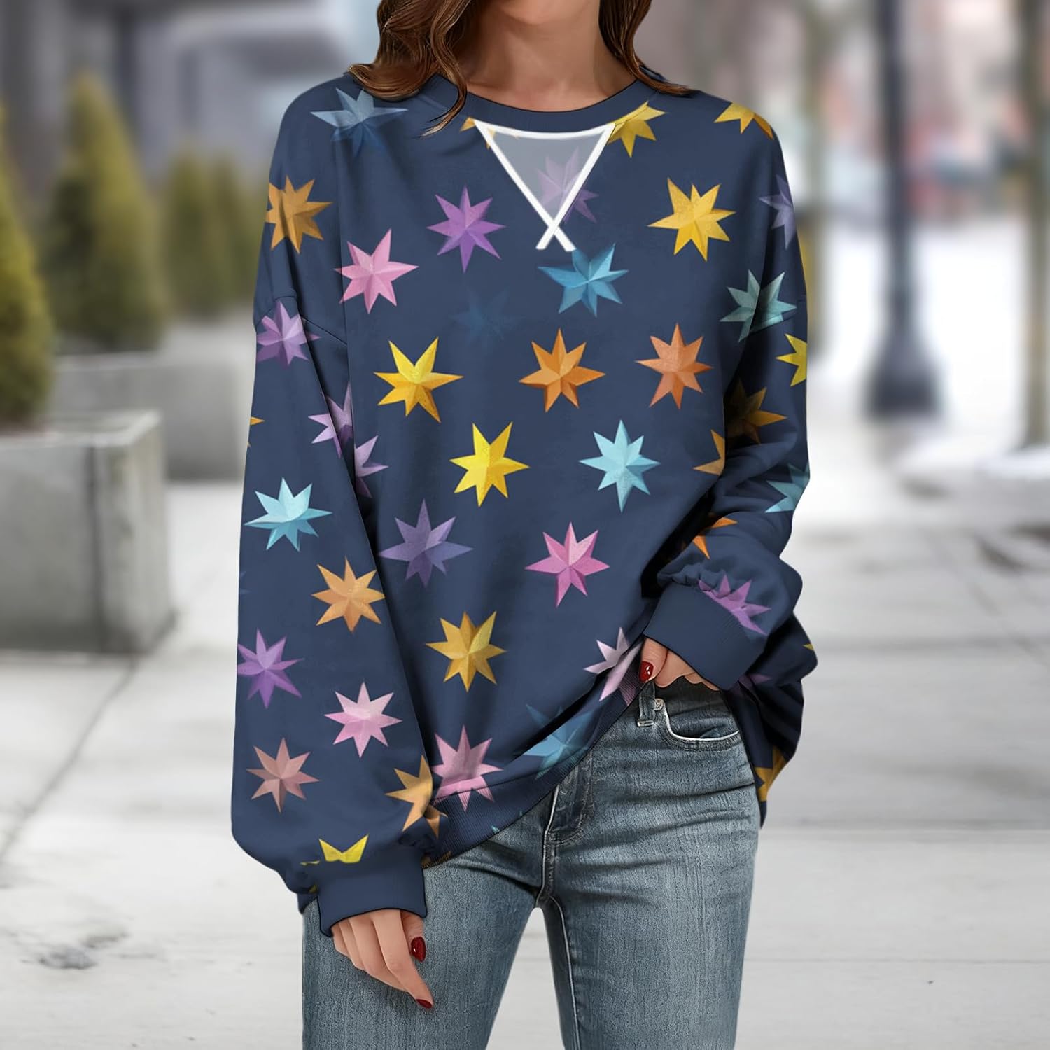 Womens Sweatshirts Fahsion Floral Print Long Sleeve Comfy Fall Tops Oversized Casual Crewneck Pullover Shirts - Image 2