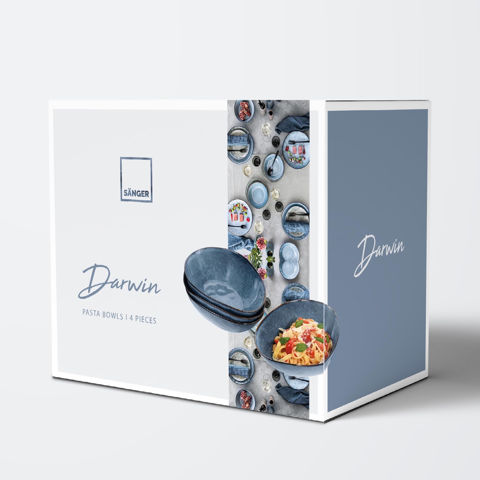SÄNGER | Platos de pasta Darwin 4 piezas, platos de espaguetis para 4 personas, juego de vajilla de gres para pasta, platos de pasta aptos para lavavajillas, platos de gres para platos de pasta, azul | Vajilla para pasta, plato de pasta apto para lavavaji