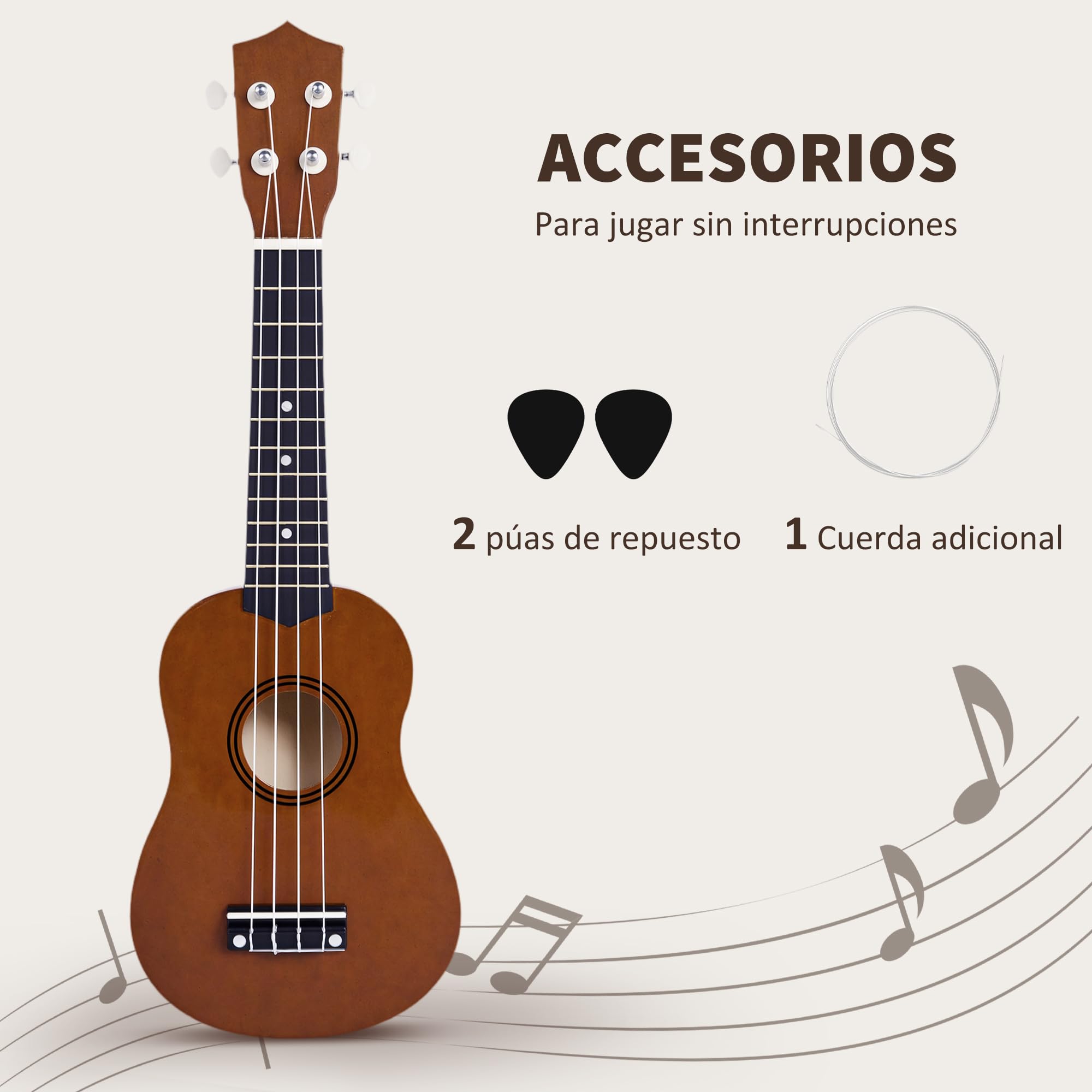 HOMCOM Ukelele 21 Pulgada Ukelele Soprano para Principiantes apto para Concierto y Escuelas Cuerdas de Nylon Material Madera Marrón