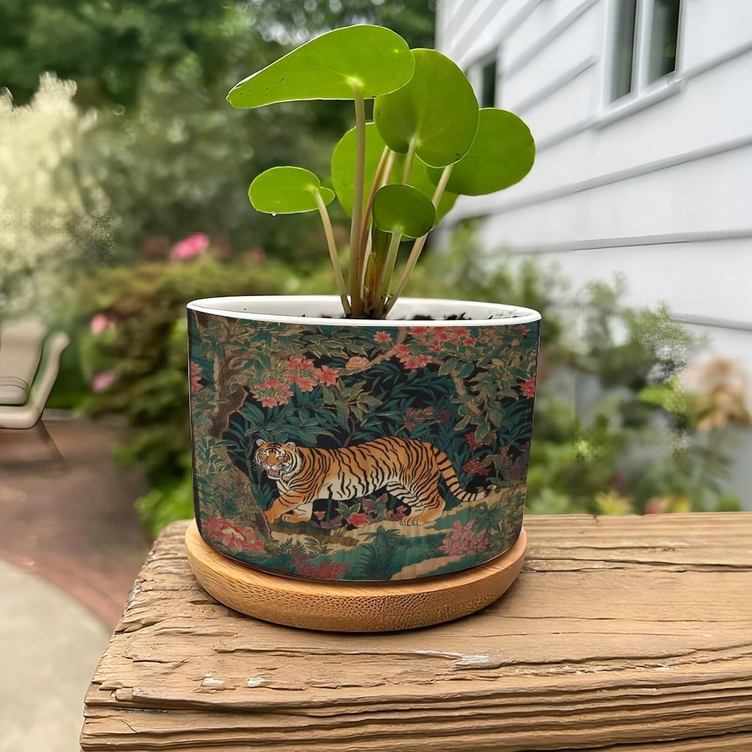Chinoiserie Tiger Planter Ceramic Green and Turquoise Tiger Stripe Round Plant Pots with Drainage Holes and Bamboo Tray Pot for Home Office Desk Garden