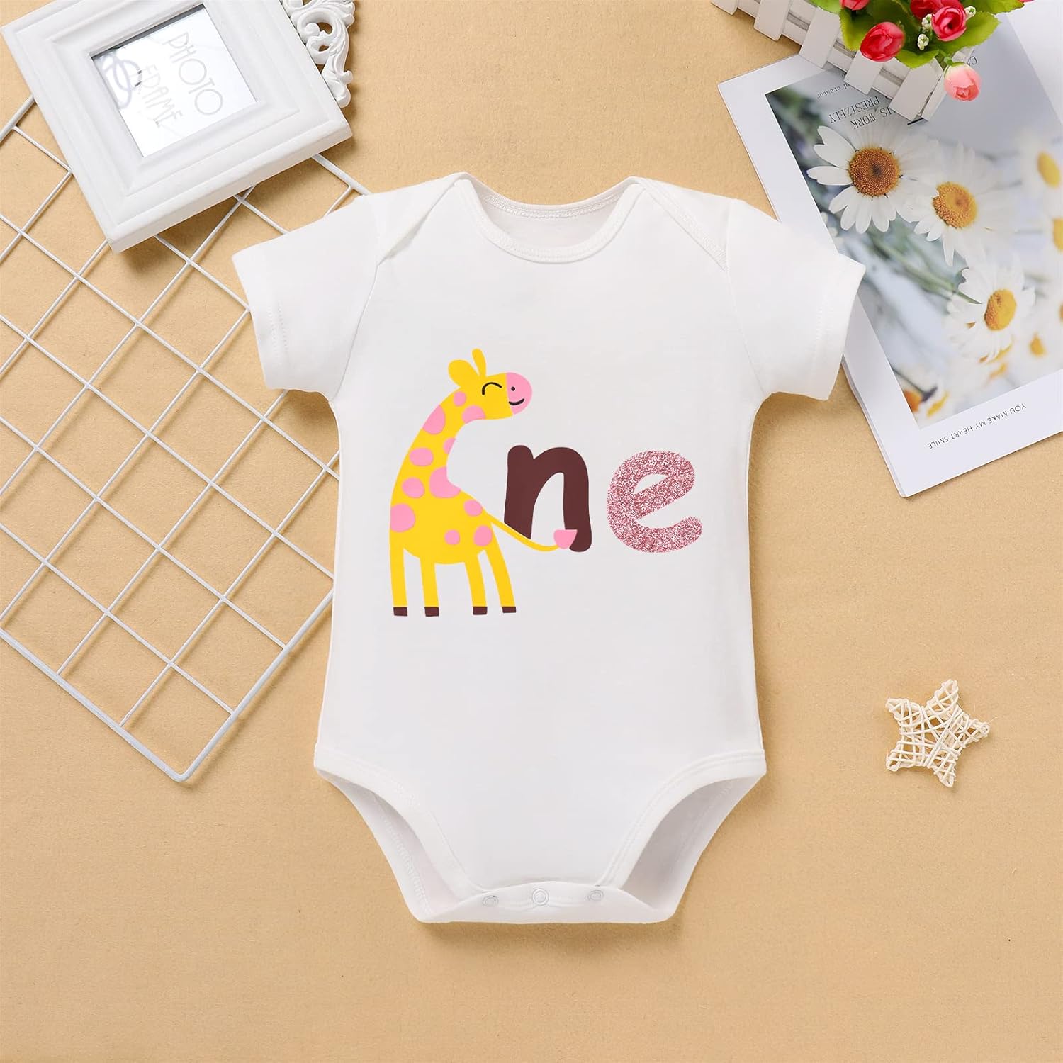 IBTOM CASTLE Farm Cow Giraffe Party Outfit for Baby Girl 1st Birthday Princess Romper+Tutu Skirt Set+Headband Photo Shoot - Image 5