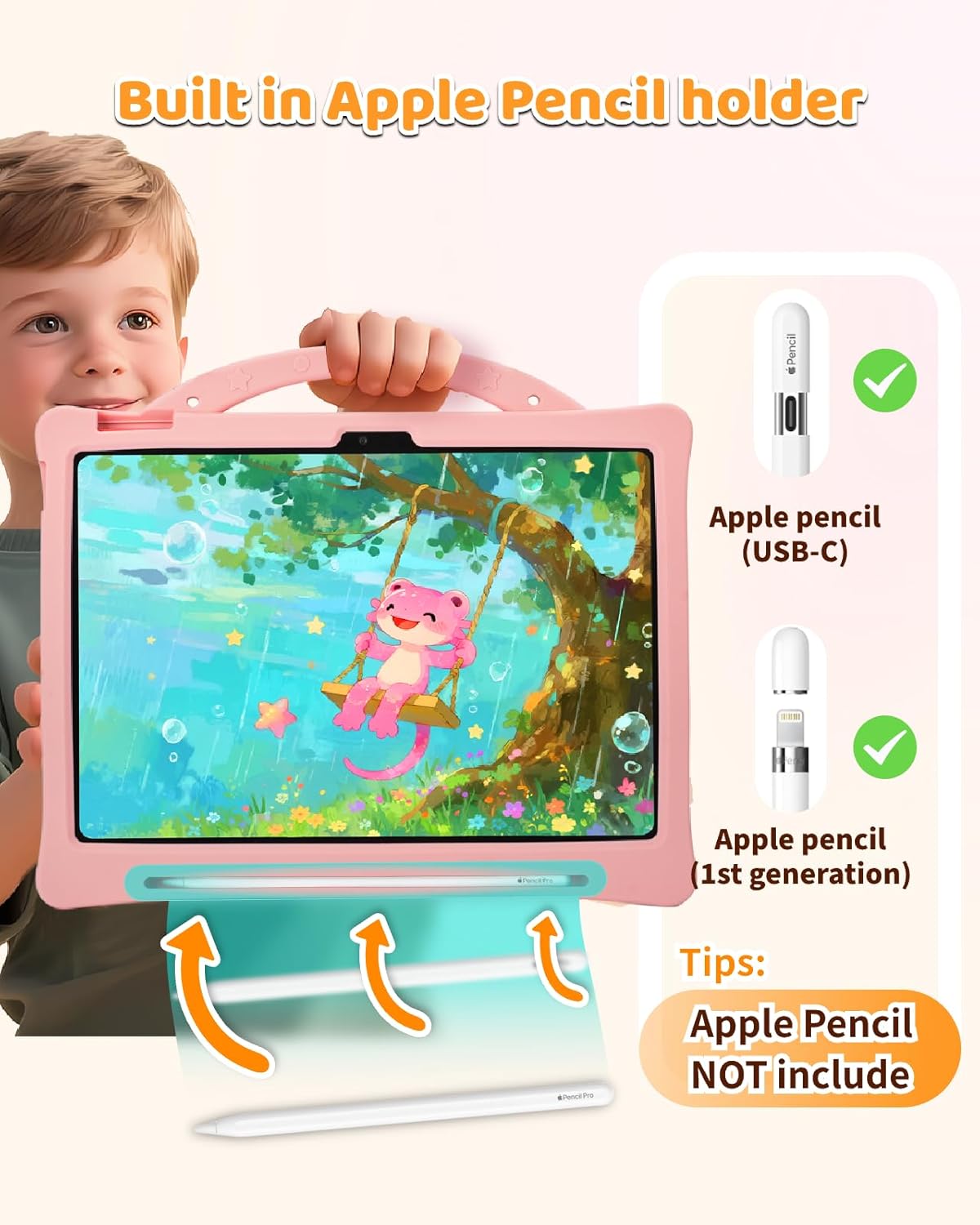 Kids Case for iPad A16 11th Gen 11" 2025 & iPad 10th Gen 10.9" 2022, Axolotl 3D Cute Silicone Kids Cover with Rotating Stand, Adjustable Strap & Pencil Holder for Girls Teens (Pink)