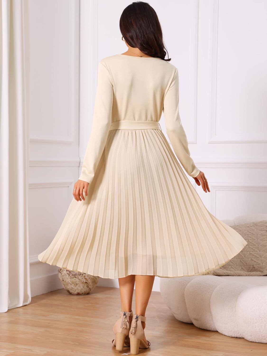 Seta T Women's Pleated Dress Crewneck A Line Flowy Casual Long Sleeve Midi Dresses with Belt Fall Outfits - Image 5