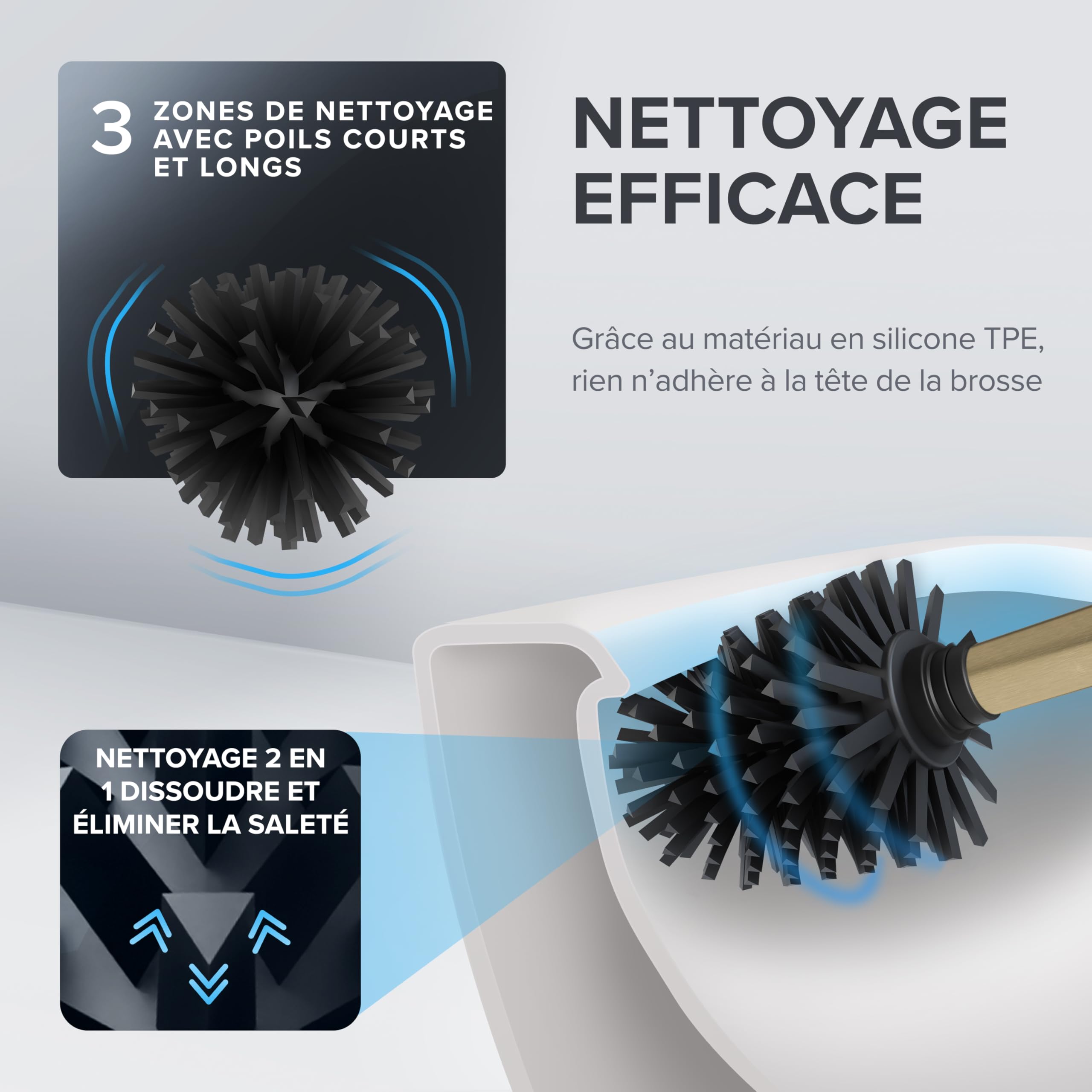 ovimar Erviksanden Brosse de toilette, dorée, montage mural, avec perçage, en silicone, avec fonction d'aération, à percer ou à coller, en acier inoxydable, tête de brosse WC interchangeable