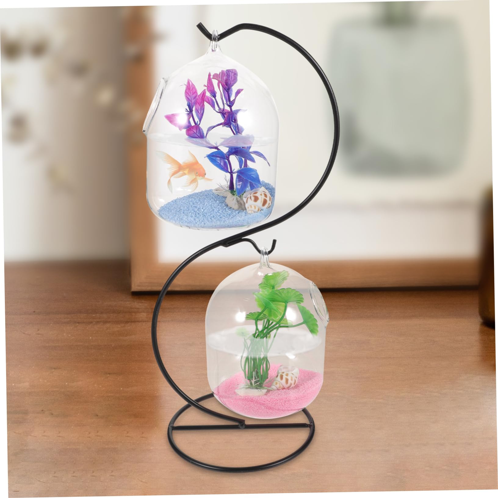 BESTOYARD 1 ensemble d'aquarium en verre à suspendre avec support - Petit aquarium de bureau - Accessoires de poisson - Réservoir délicat Betta - Aquarium de bureau - Mini aquarium en fer