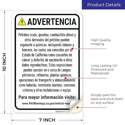 Miniatura 2 de Sigo Sign, Warning Crude Oil Gasoline Diesel Fuel Other Petroleum Products Spanish Sign, 10x7 Inches, 4 Mil Vinyl Decal Stickers Weather Resistant,