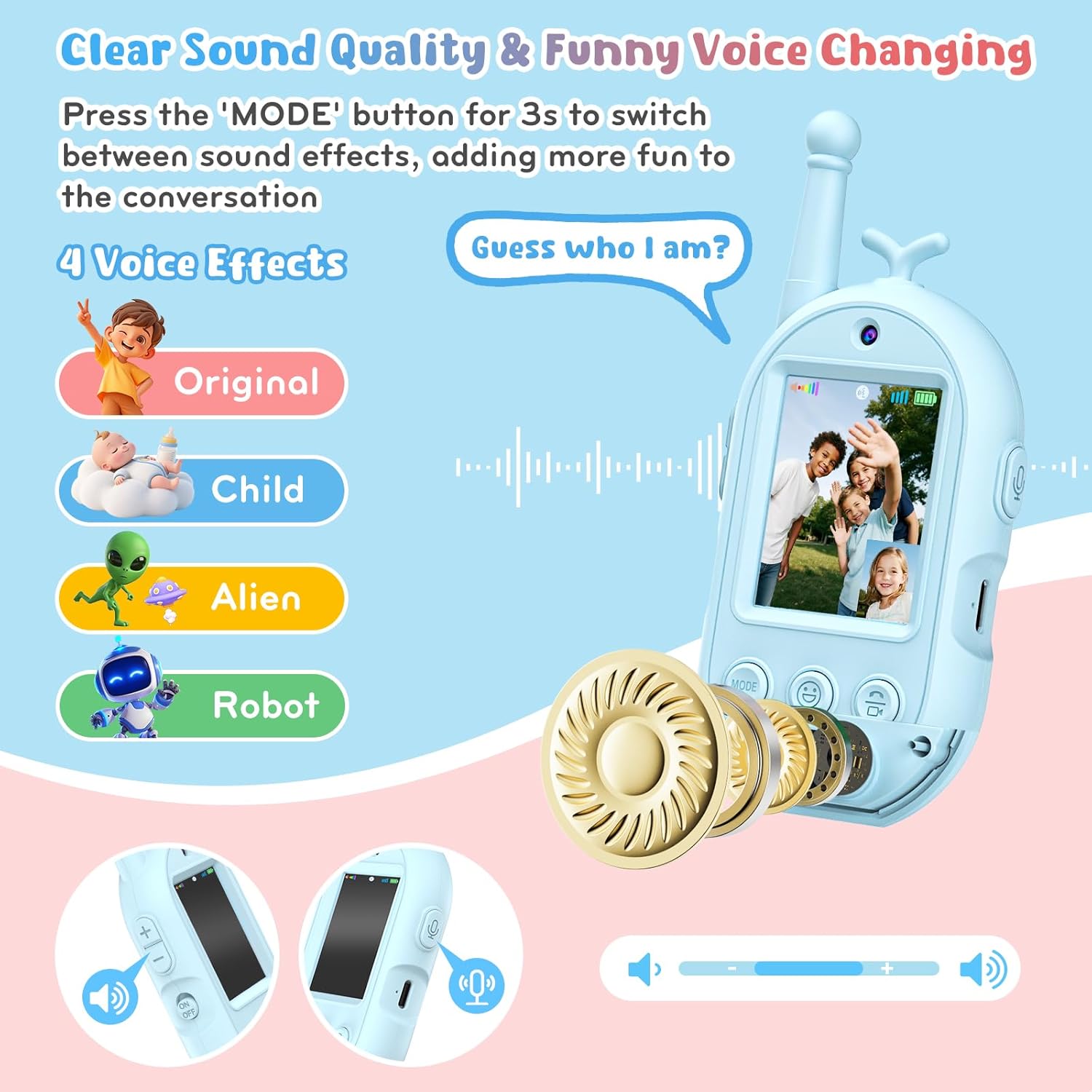 Video Walkie Talkies for Kids - 2 Pack Rechargeable Kids Video Walkie Talkies with Voice Changer & Sticker Effect, Long Range Toys Indoor Outdoor, Birthday Gift for Boys Girls Ages 3-12 (Blue & Pink)
