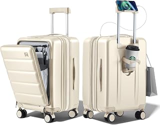 24 Inch Expandable Luggage Check In - Front Pocket Hardside Travel Suitcase Unbreakable -with Cup Holder,USB Charge,Side Pothook, 360°Spinner Wheels, TSA Lock, White
