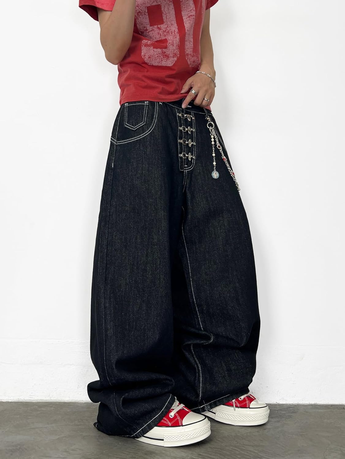 Mens Irregular Sutures Baggy Jeans with Angled Pocket Y2k Hip Hop Wide Leg Denim Pants - Image 2