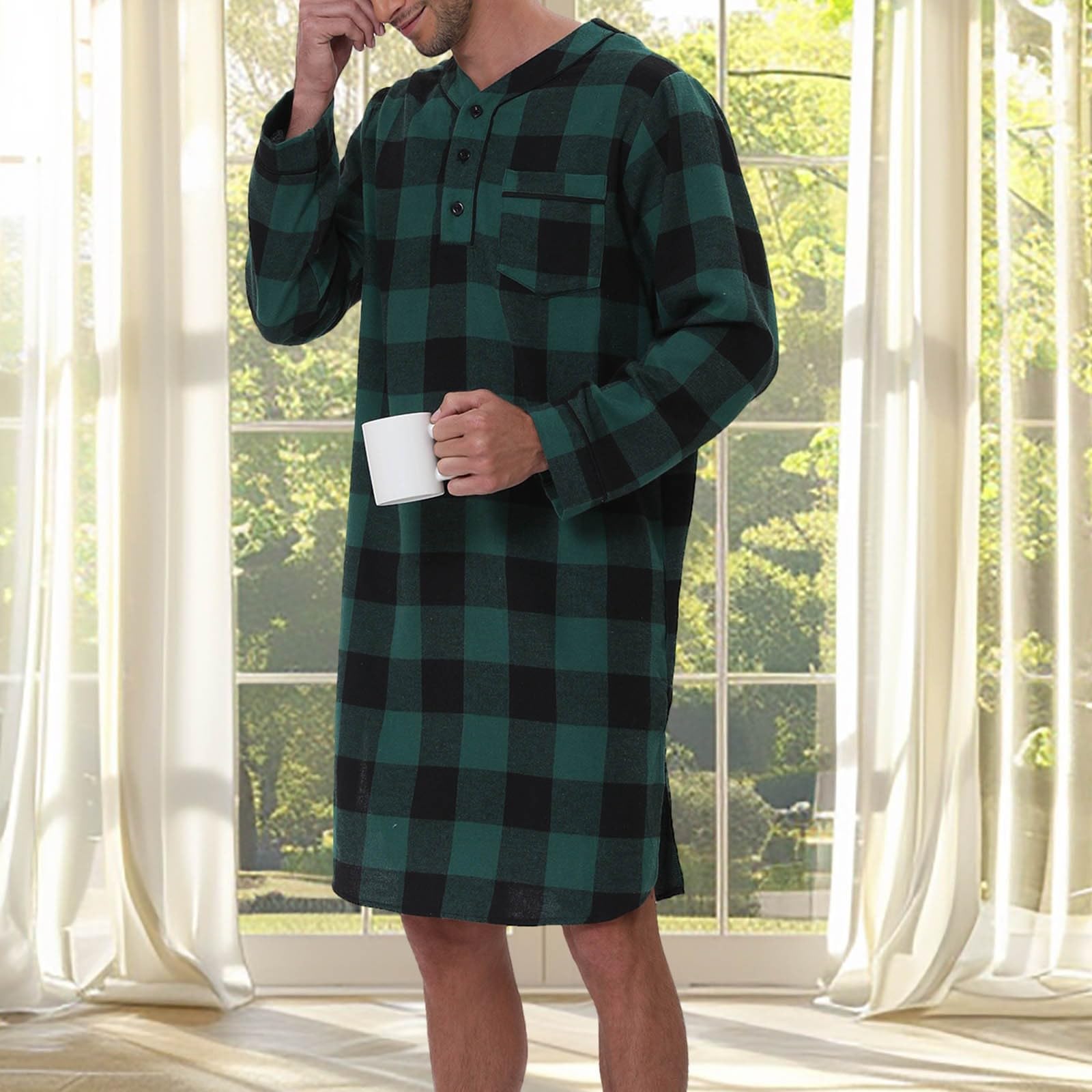 Flanell Nachthemd Herren Casual Langarm Knopf Shirt Unregelmäßiger Saum Kariertes Weiche Loungewear Baumwolle Lange Robe Saunamantel Atmungsaktiv Leichte Nachthemd