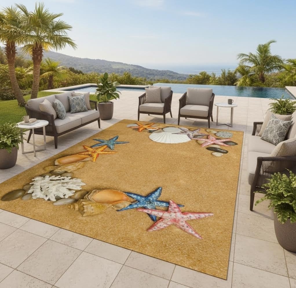 Ocean Beach Theme Starfish Soft Area Rug for Living Room Bedroom Playroom Funky Cute Dining Room Carpet No-Slip Indoor Outdoor Kitchen Bathroom Runner Rug Floor Mat 8x10