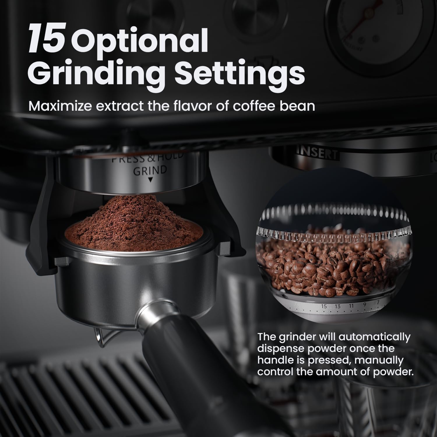 Macchina per Espresso Macchina del Caffè con Macinacaffè Integrato Portafiltro 8 Livelli di Macinazione 15 Bar Pressione Pompa 3 Livelli di Temperatura Bolla di Latte Acciaio Inox Nero