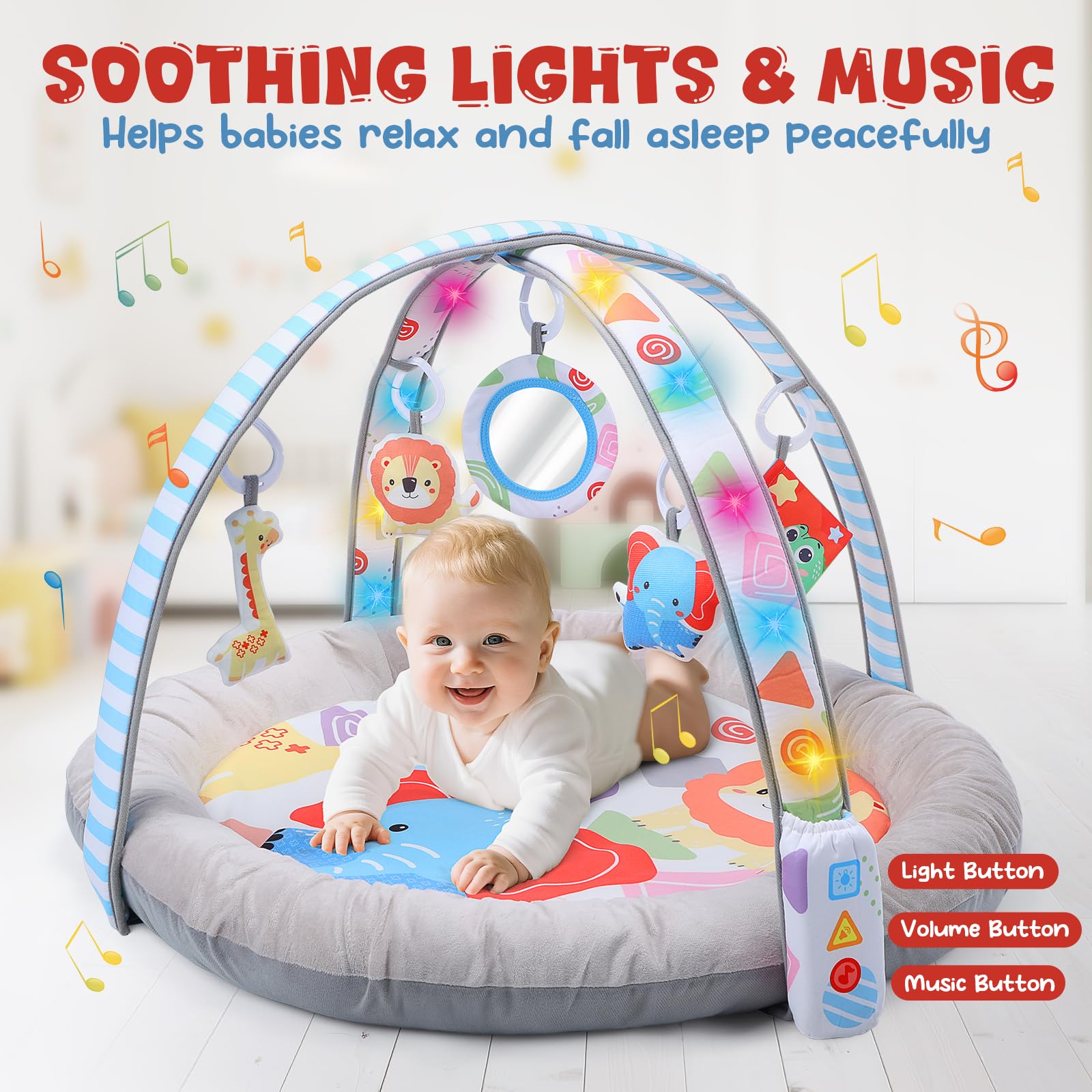 CUTE STONE Alfombra de juegos para bebés con luces, sonidos y juguetes desmontables – Alfombra de actividades para el desarrollo sensorial y motor – Volumen ajustable – Regalo ideal para recién nacido