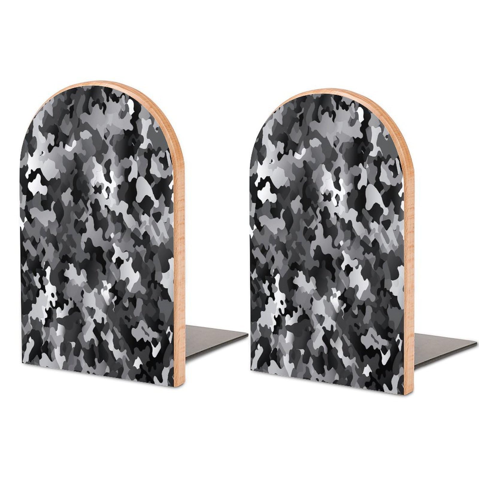 Black White Gray Camouflage Bookend Wood Book End for Shelves Heavy Duty Non-Slip Wooden Bookend Support Universal Economy Bookends Fancy Modern Decorative Book Accessories 1 Pairs