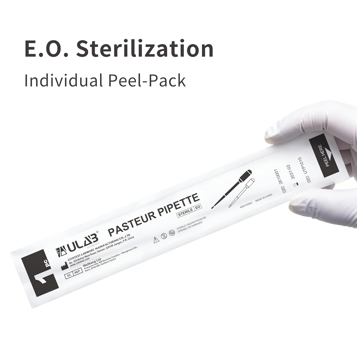 ULAB 100 Pcs Sterile Transfer Pipettes, Individual Peel-Pack, Vol. 3ml, 0.25ml Graduation Interval, 140mm Long, Low-Density Polyethylene Material, UTP1015