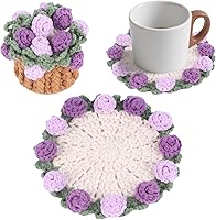 Handmade Boho Crochet Coaster Set with Mini Basket - Vintage Rose Floral Purple Coasters for Coffee Table, Wedding & Housewarming Gifts