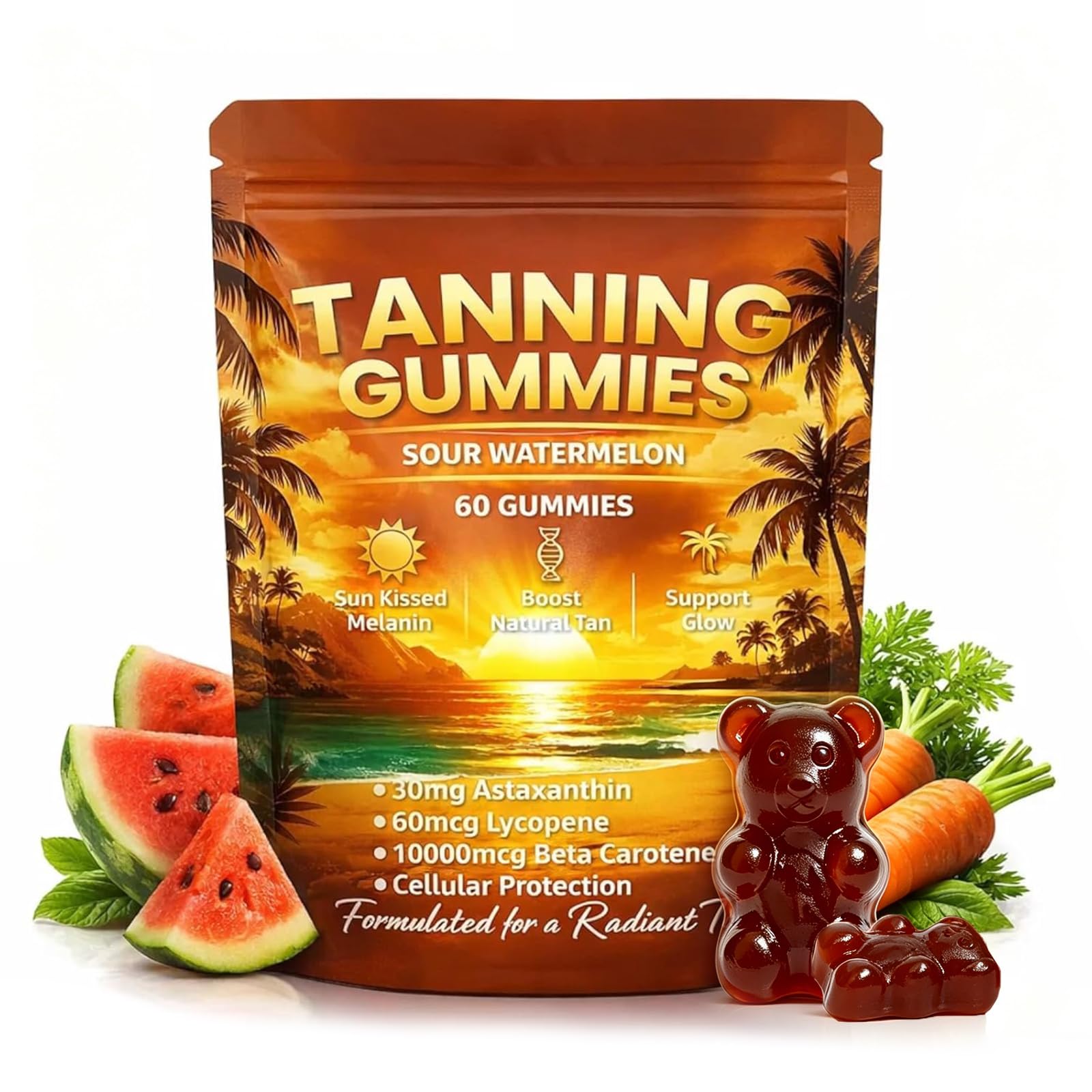Self Tanning Gummies, Tanning Gummies with Astaxanthin, Beta-Carotene, Lycopene & Vitamins, Natural Bronzing Glow, Perfect for Beach, Travel & Summer Routine (1)