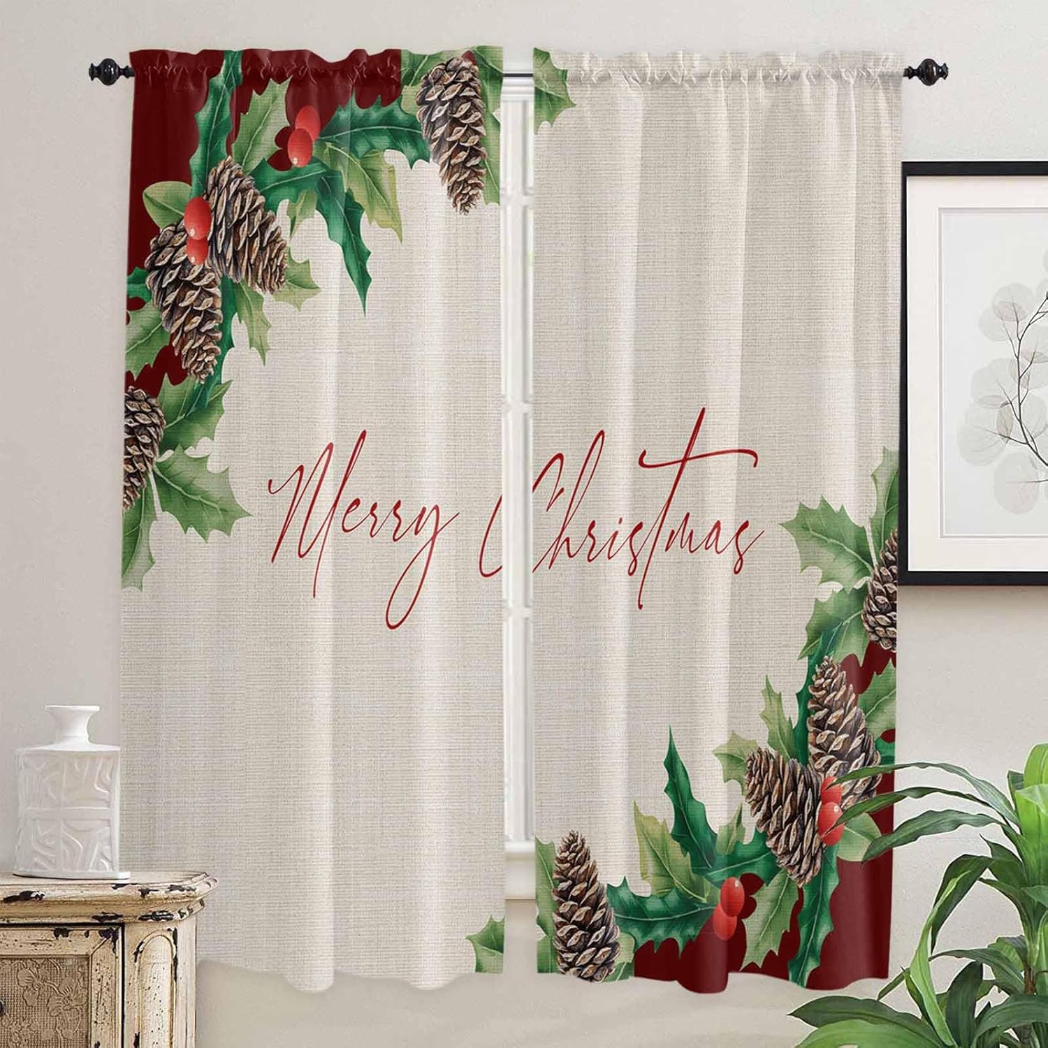 Merry Christmas Window Curtains 72 Inch Long 2 Panel Set, Rod Pocket Long Curtains & Drapes, Green Pine Cones Winter Berry Retro Light Filtering Window Treatment for Bedroom Living Room 52"W x 72"L